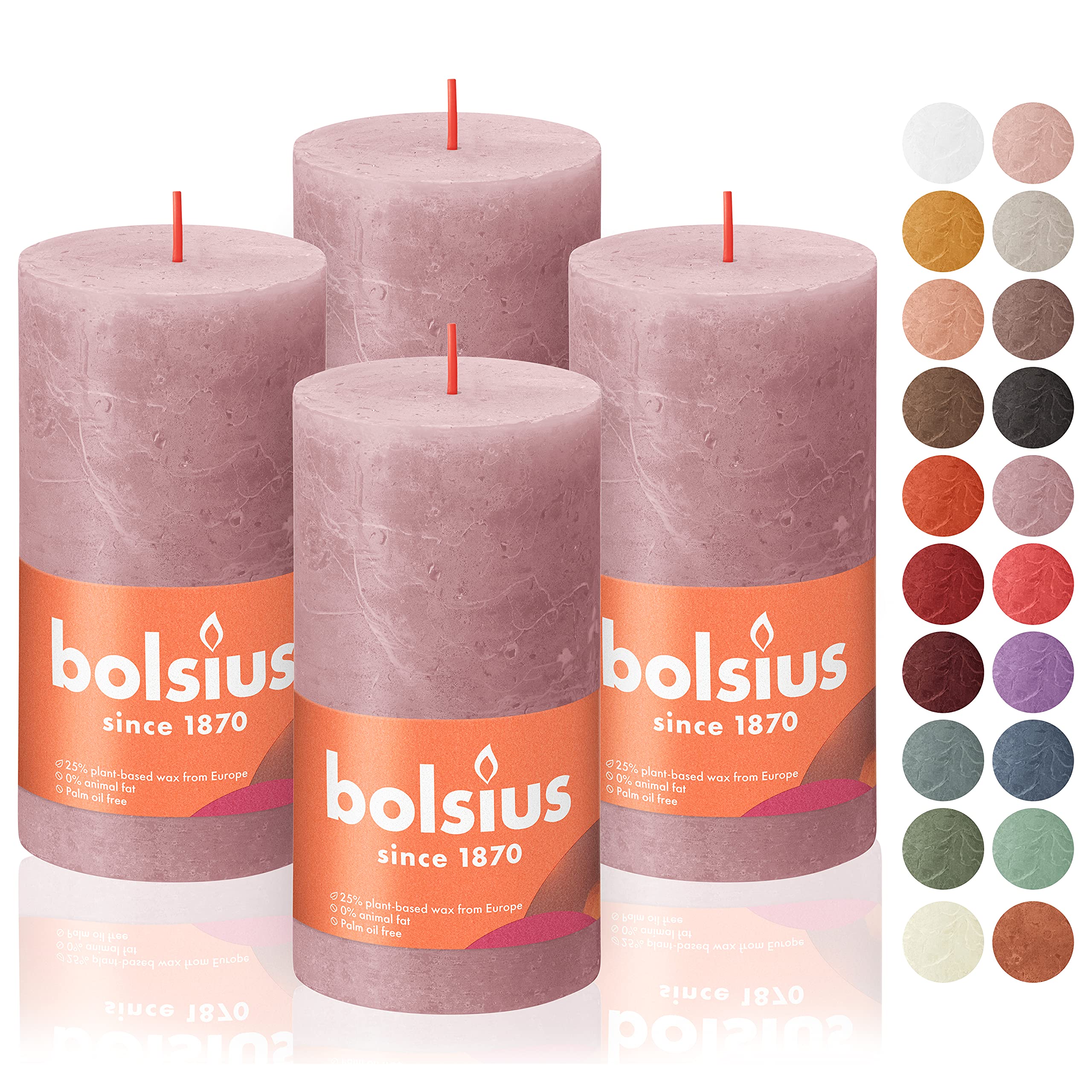 bolsius 4 pack ash rose rustic pillar candles - 2.75 x 5 inches - premium european quality - includes natural plant-based wax - unscented dripless smokeless 60 hour party décor and wedding candles