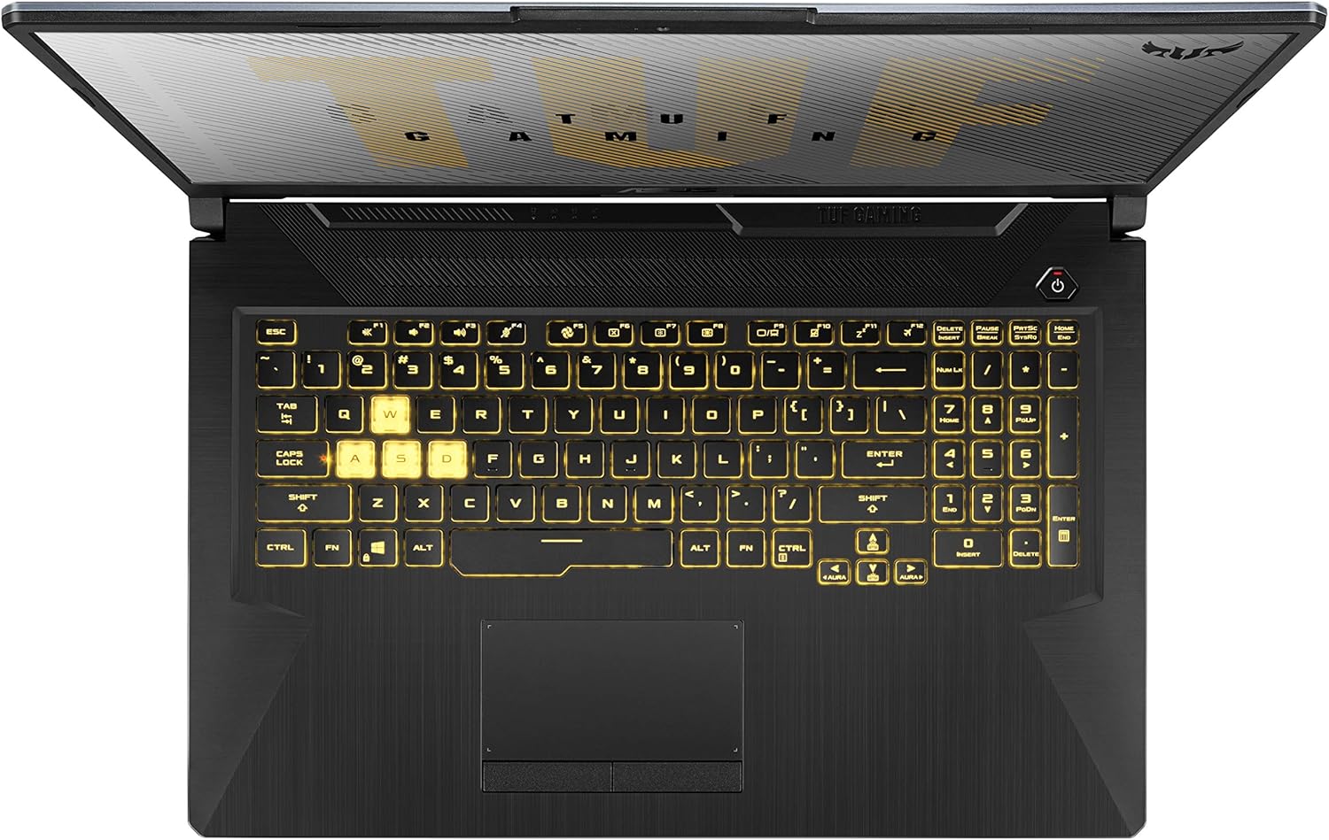 Ზემოდან ქვემოთ view of the ASUS TUF Gaming A17 Laptop keyboard with highlighted WASD keys and Numpad.