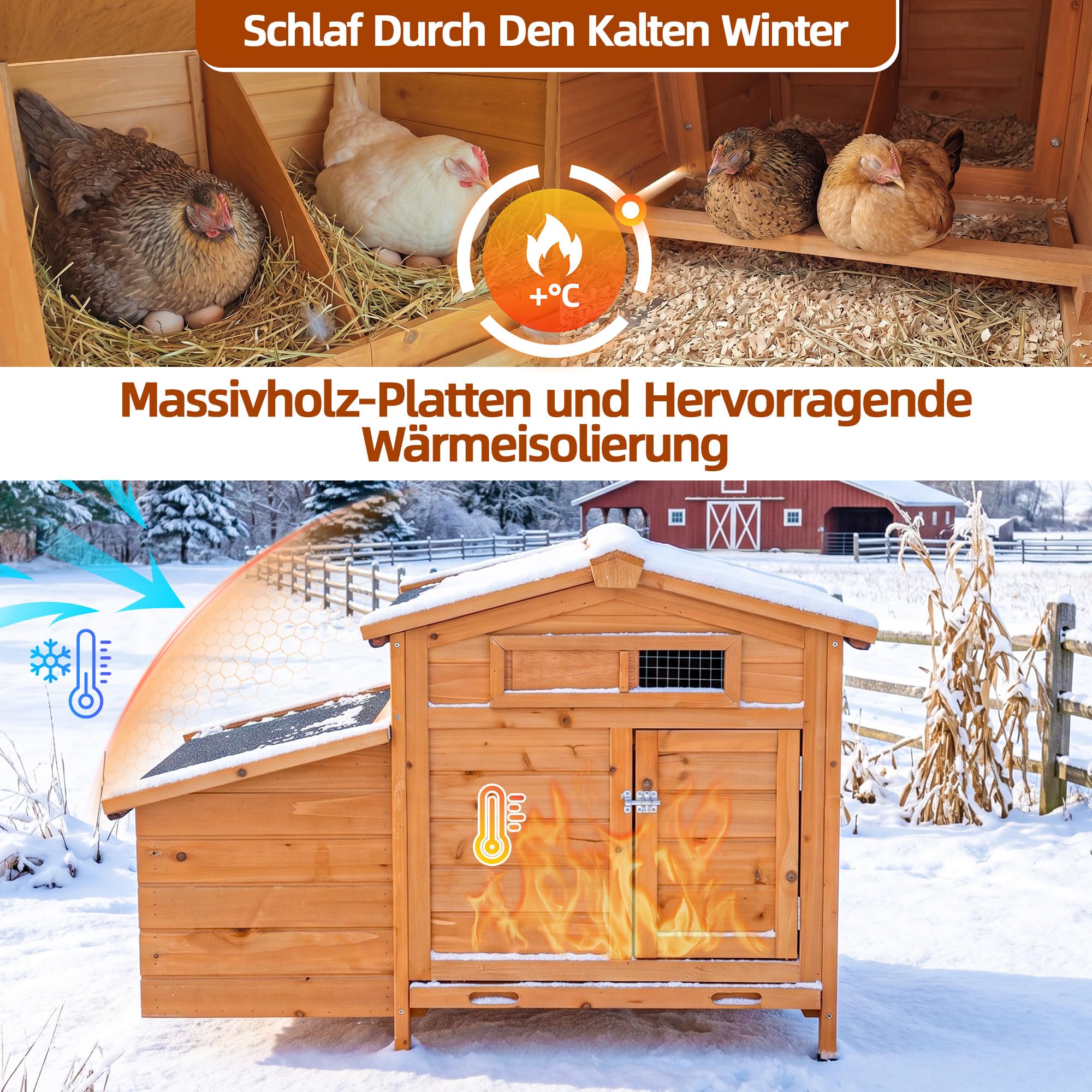 Hühnerstall Winterfester & isolierter aus Massivem Holz Hühnerhaus für 2-3 Hühner Legenest Hühnergehege mit 2 Nistkästen Entenhaus Hühnervoliere Kleintierstall mit Wetterfest Dach Verzinkte Paletten