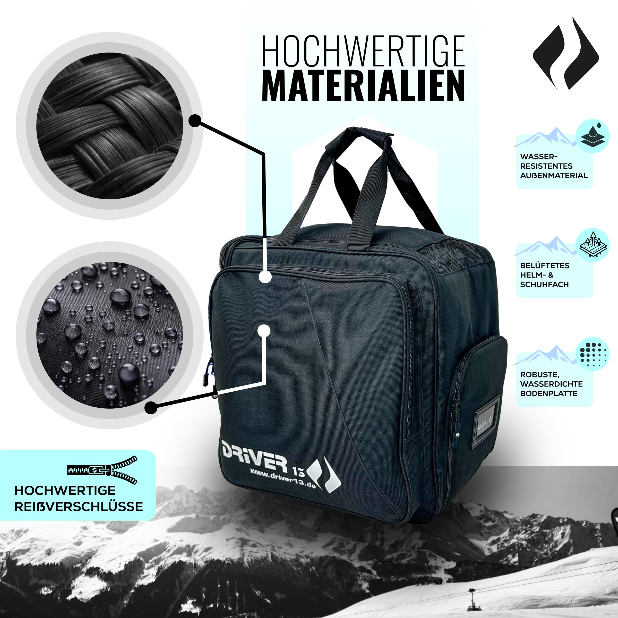Driver13 Skistiefelrucksack mit Helmfach, Bootbag Rucksack für Skischuhe und Snowboardboots (Varianten)