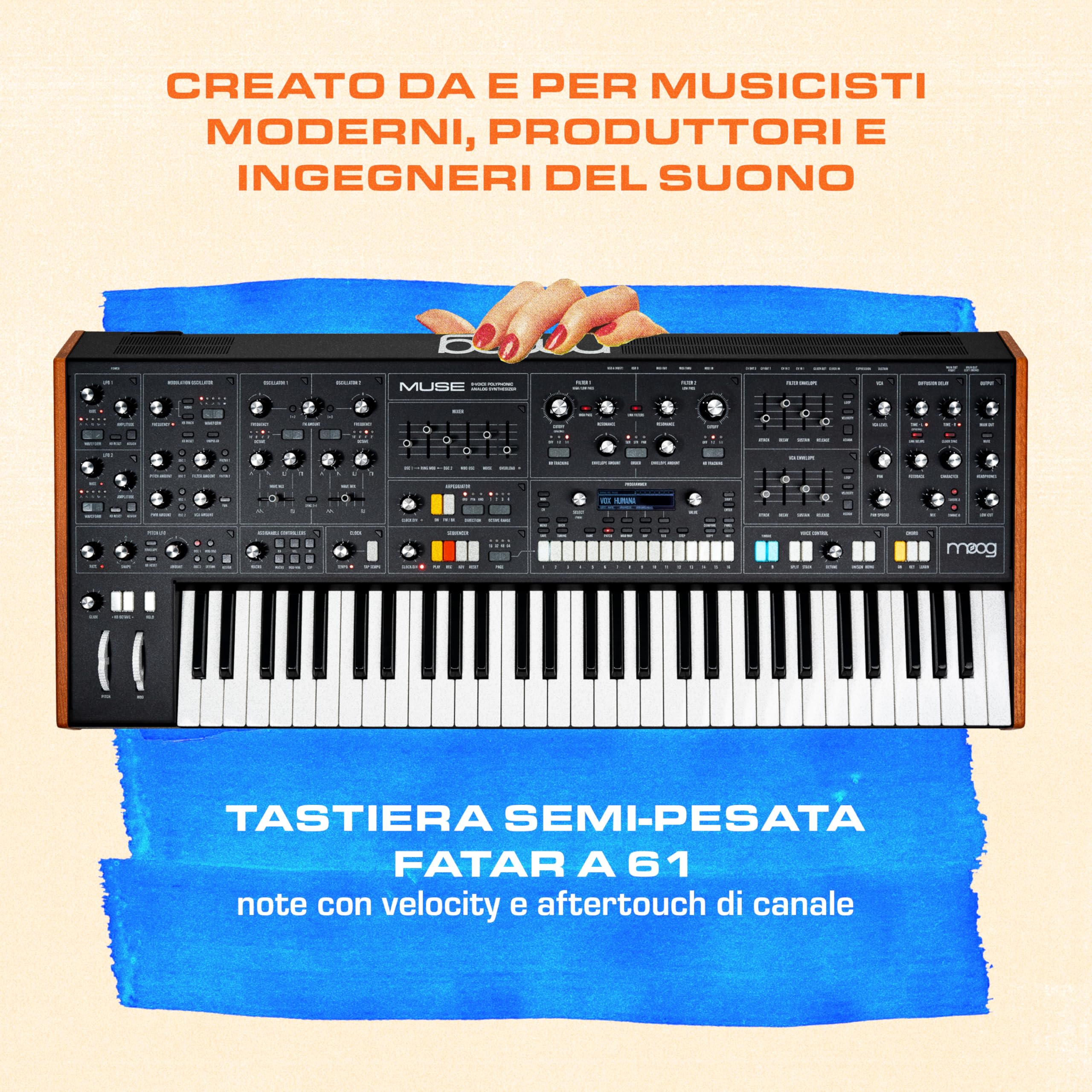 MOOG Muse - Synth Polifonico bi-timbrico Analogico a 8 Voci con 61 Note, Sequencer a 64 Step, 256 Patch e Diffusion Delay