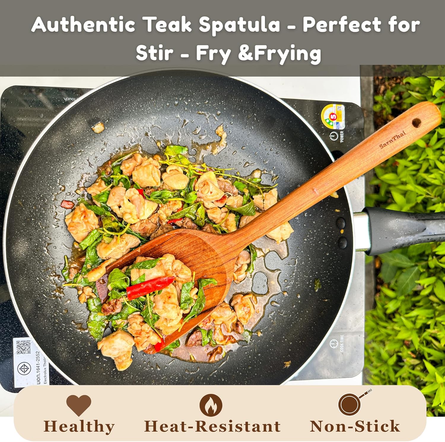 SarnThai Wooden Spatula Set of 2 – Solid & Slotted Teak Turners, Long Handle Wooden Cooking Utensils for Stir-Fry and Serving, Gentle on Cookware, Durable and Handmade by Thai Artisans - Image 3