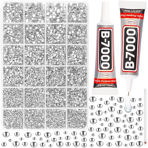 b7000 Clear Glue with 20100Pcs Silver Clear Flatback Rhinestones for Crafts Clothing Clothes Decor Fabric Shoes, Flat Back Gems Diamonds Bedazzler Kit with Rhinestones Bulk Jewels Crystals 2-6mm Mixed - crystal