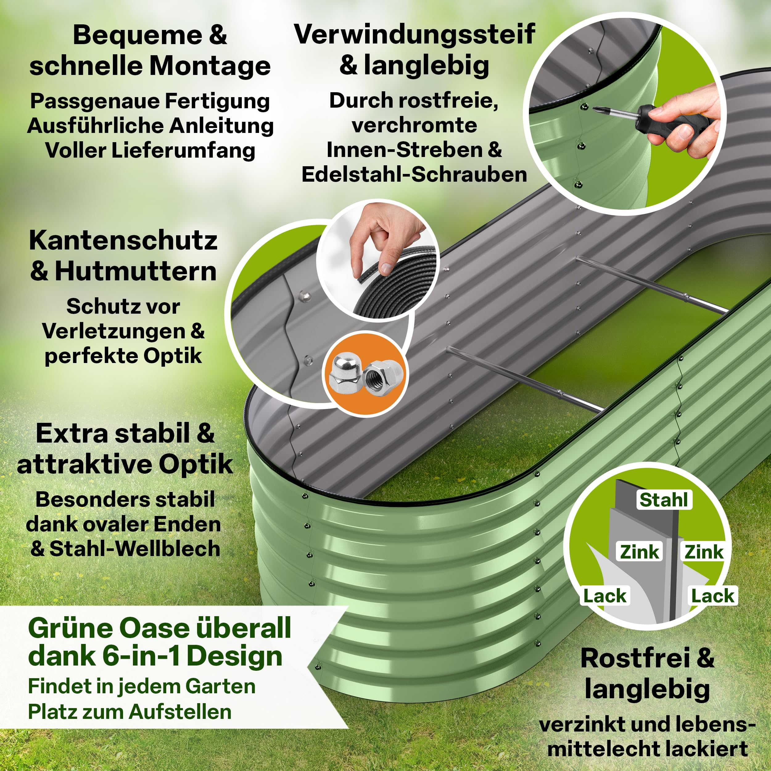 TTL GARDEN 200x60x45cm Metall Hochbeet Fusion 6-in-1 Salbei Grün - Stahl | - Rostfrei verzinkt & lackiert 45cm hoch 60cm breit Wellblech Form oval stabil Garten Beet Gemüse Kräuter Blumen Gartenbeet