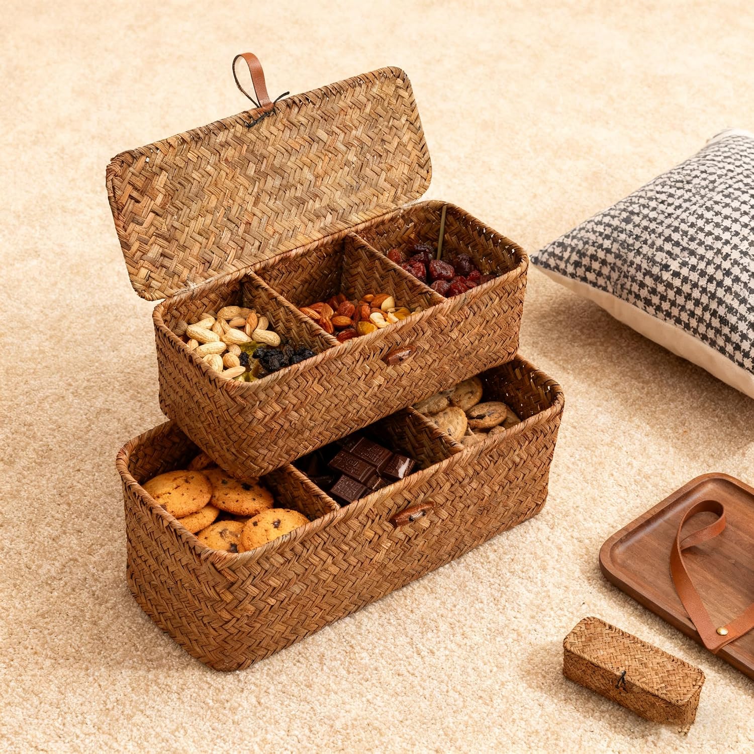 Enlarge Seagrass Storage Basket, 3-Section Wicker Storage Basket for Bathroom, Rectangular Small Woven Shelf Basket for Toiletries Tampon, 16x5.5x5.5"