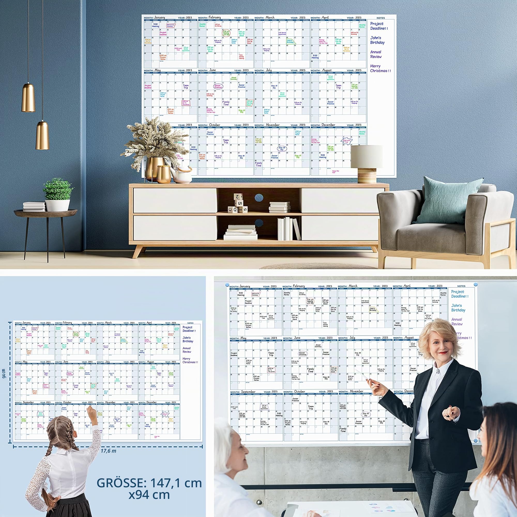 Großer abwischbarer Wandkalender, Jahreskalender zum Beschriften, 94 x 147 cm, undatierte 12 Monate, wiederverwendbar & laminiert, Planer mit Notizbereich, ideal für Büro, Klassenzimmer oder Zuhause