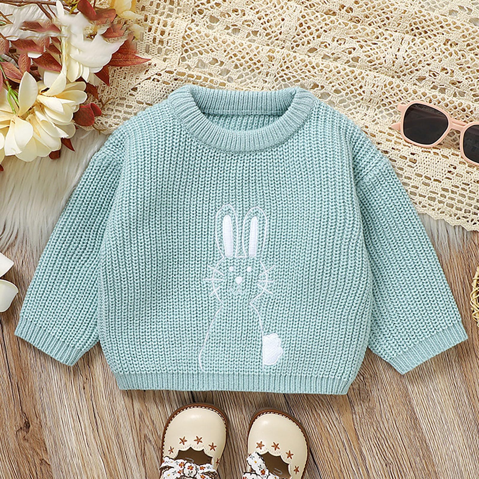 RNTOP Baby Knit Sweaters Toddler Boy Girl Cute Bunny Embroidery Sweater Crewneck Long Sleeve Warm (Blue, 12-18 Months)