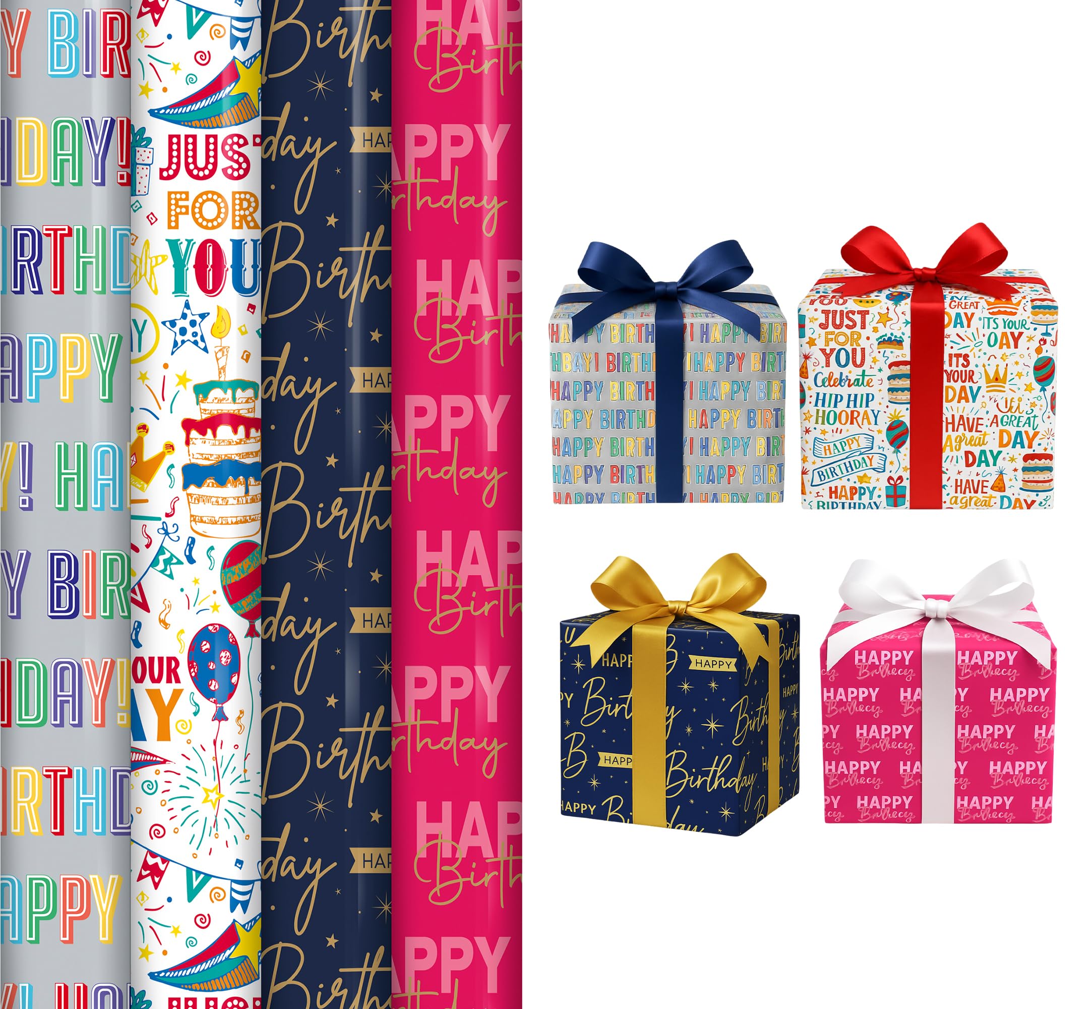 Pack of 4 x 3M Happy Birthday Wrapping Paper Roll - Multipack Premium Gift Wrap Wrapping Paper Perfect for Birthday, Party & Festive Decoration Sold By ANGIX