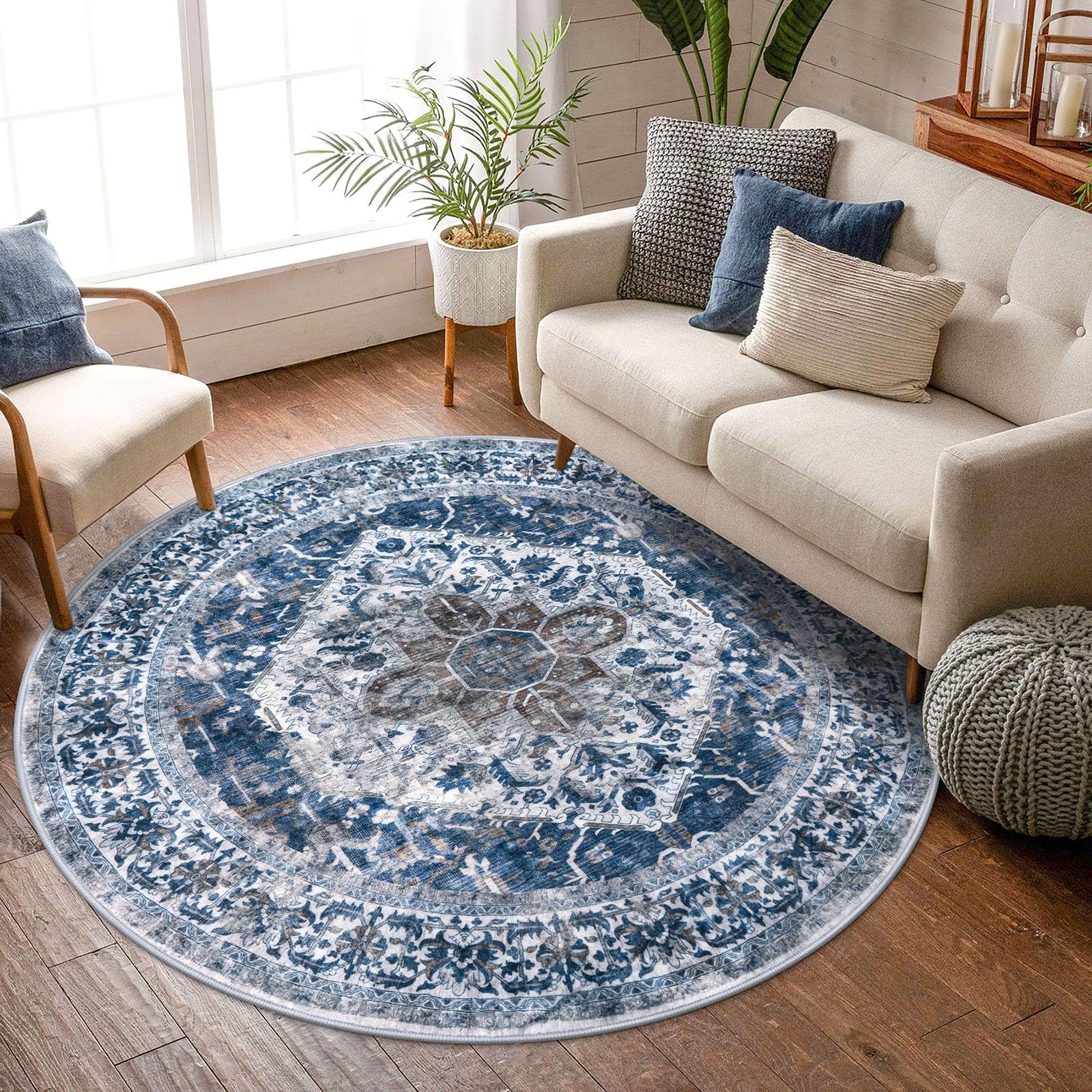 KOZYFLY 6 Ft Round Rug for Living Room, Entryway, Bedroom - Washable, Non-Slip Printed Faux Wool Vintage Floor Carpet, Blue — image 1