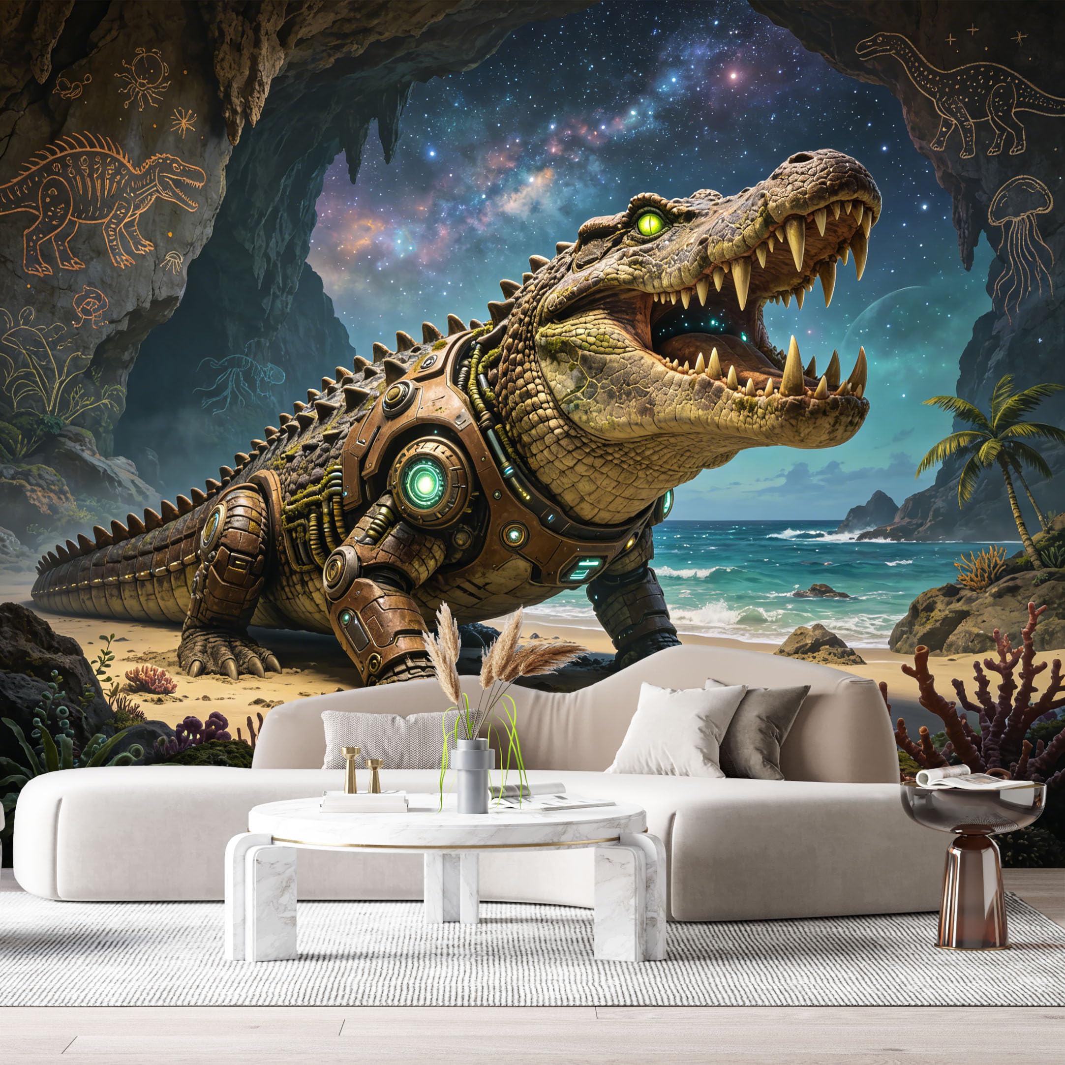 Custom Size Wall Mural Cyber Crocodile Mech SciFi Reptile Futuristic Beach Scene Metallic Armor 3D Style SelfAdhesive Art Prints Removable Large Wallpaper Esports Room Game Room Studio