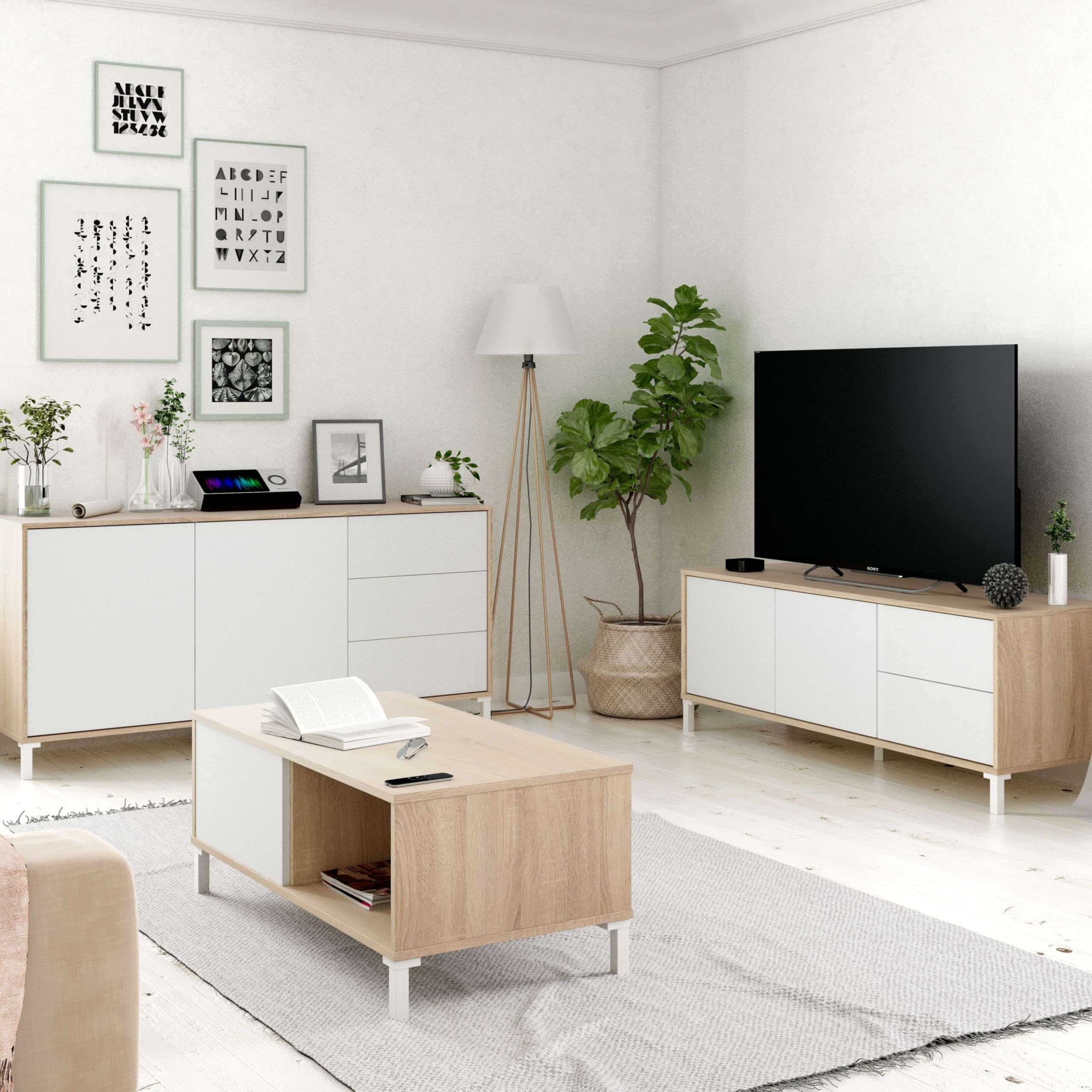 Habitdesign Brooklyn TV-Möbel, Wohnzimmer, Esszimmer, Melamin, idealer Organizer für moderne Räume, kanadische Eiche und Artik-Weiß, 130 cm
