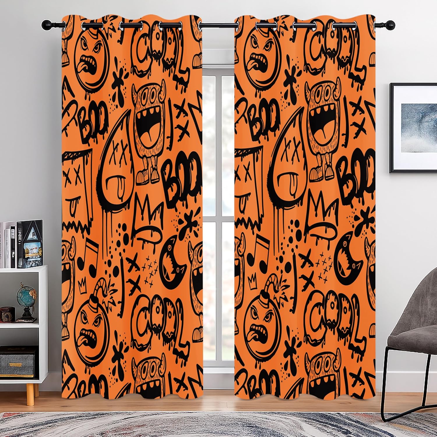 Teen Graffiti Blackout Curtains - 100% Blackout, Bold Street‑Art Print, Thermal Insulated, Noise Reduced, Perfect for Teen Boys Room, Game Room (Doodle Ghost Graffiti, W52xL84,2 Panels)