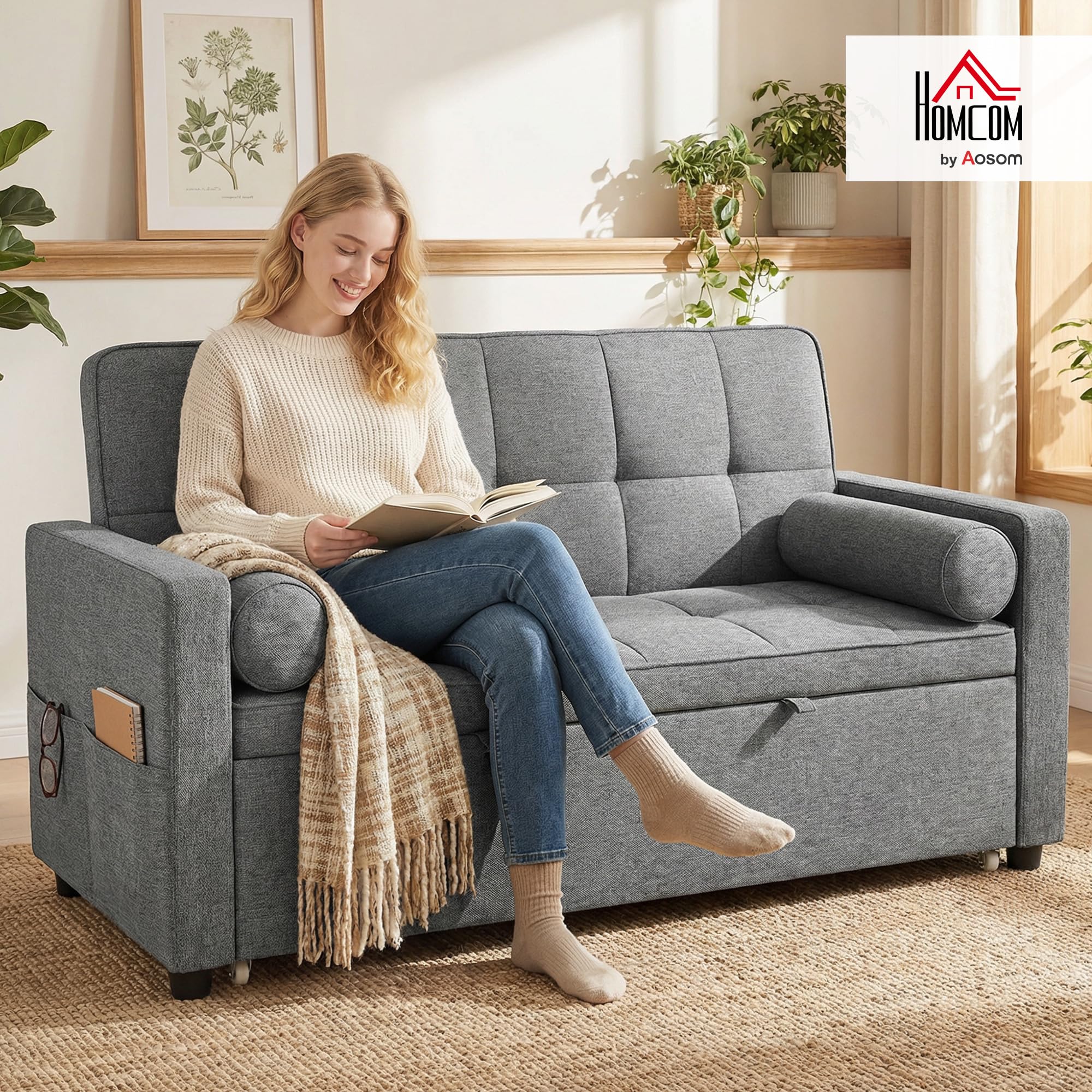 HOMCOM Sofá Cama 2 Plazas 3 en 1 con Respaldo Ajustable 6 Niveles Gris | Sofá Cama Deslizante, Tejido Lino, Bolsillos Laterales, 2 Cojines Fundas Extraíbles, para Sala de Estar, Espacios Pequeños