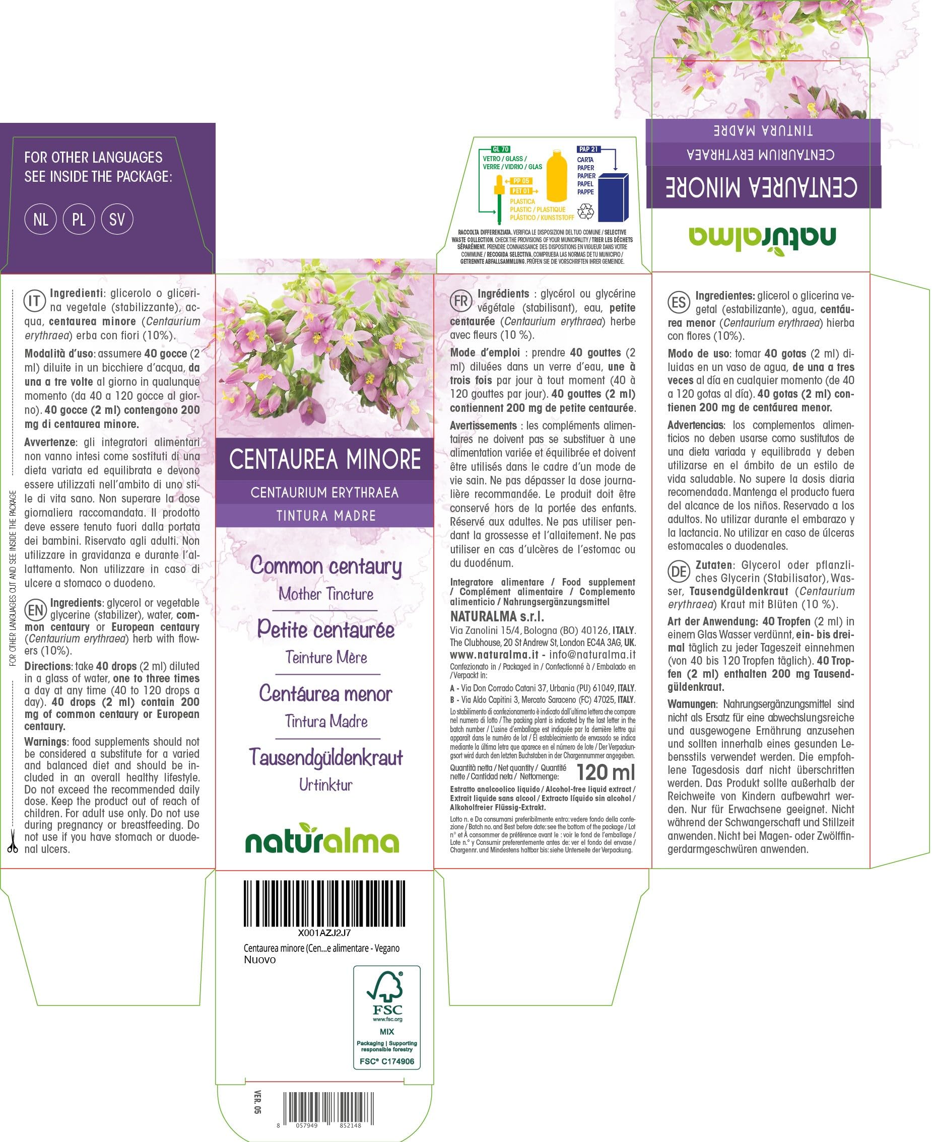 Centáurea menor (Centaurium erythraea) hierba con flores Tintura Madre sin alcohol Naturalma - Extracto líquido gotas 120 ml - Complemento alimenticio - Vegano