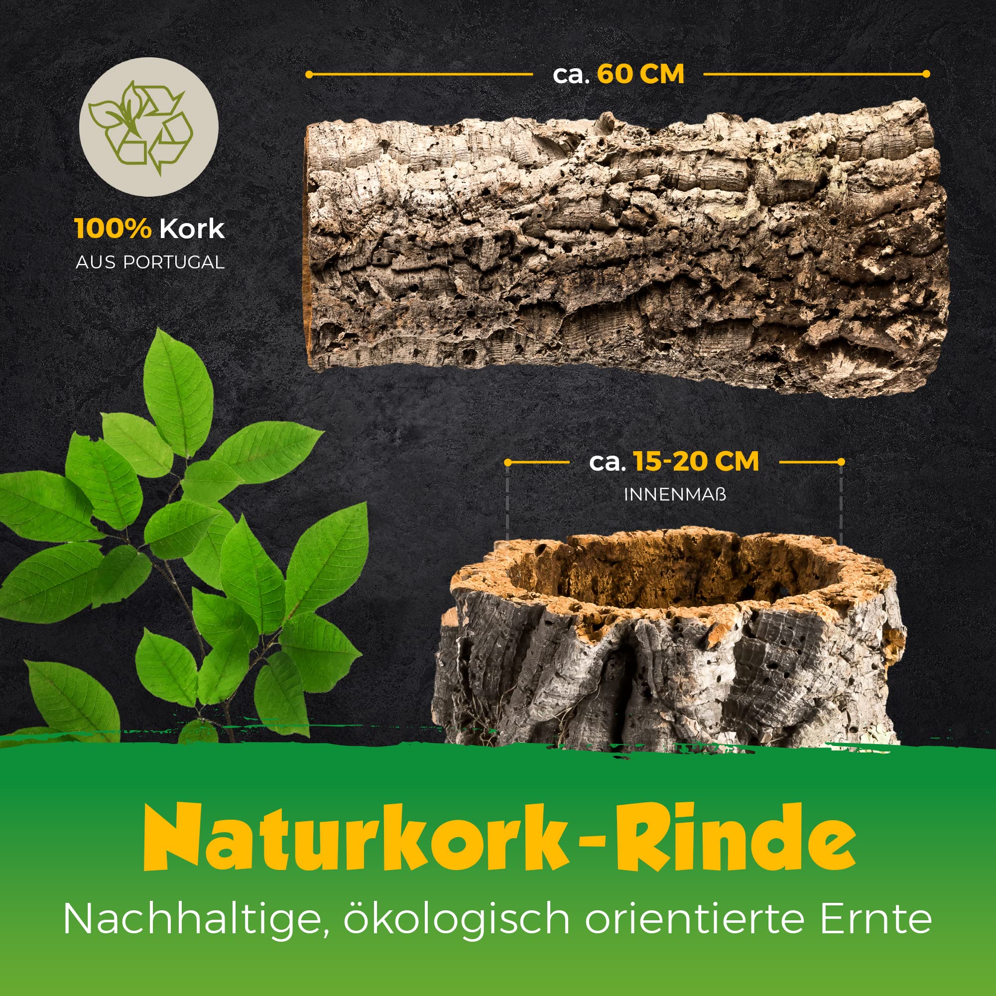 Kork-Deko XL Korkröhre | Korktunnel | Korkrinde | gereinigt & desinfiziert, ca. 60 cm, ? = 15-20 cm (extra lang, extra dick, XXL)