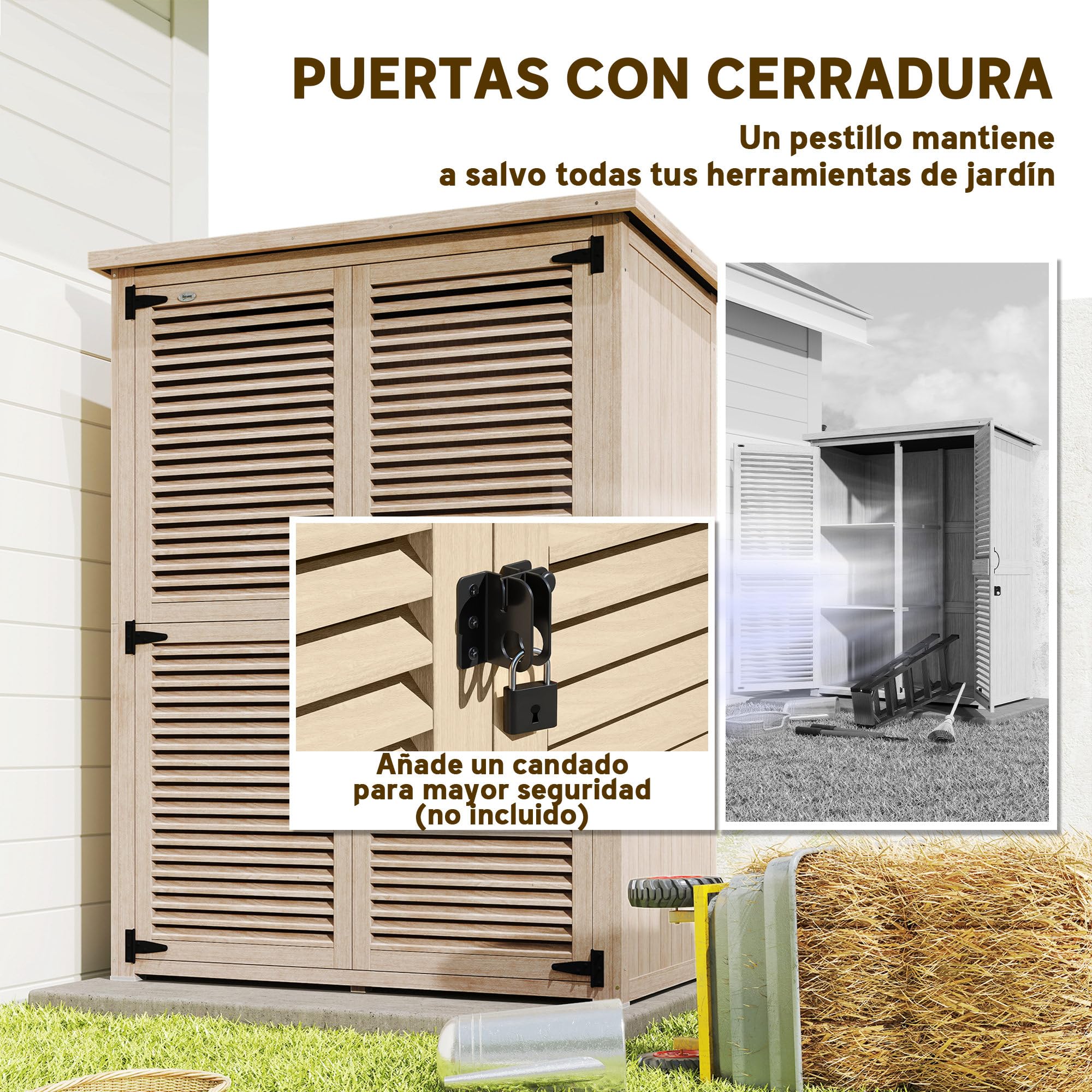 Outsunny Caseta de Jardín de Madera, 127x65x168 cm, Cobertizo Jardín Exterior, Armario para Almacenaje Herramientas, con 2 Puertas de Persiana 2 Estantes Techo Impermeable para Patio Terraza, Natural