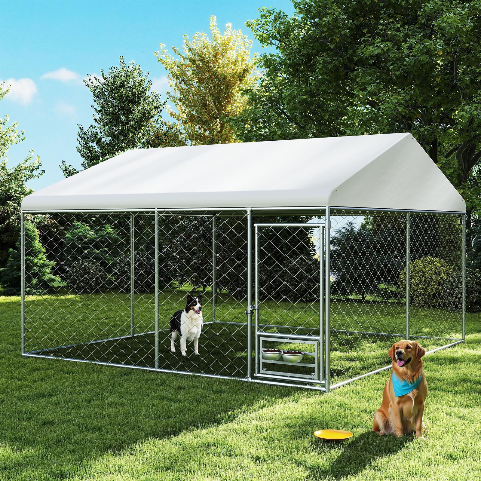 Rovibek 10x10 Ft Outdoor Dog Kennel With Roof - Galvanized Steel, Includes 2 Bowls, For Large Dogs