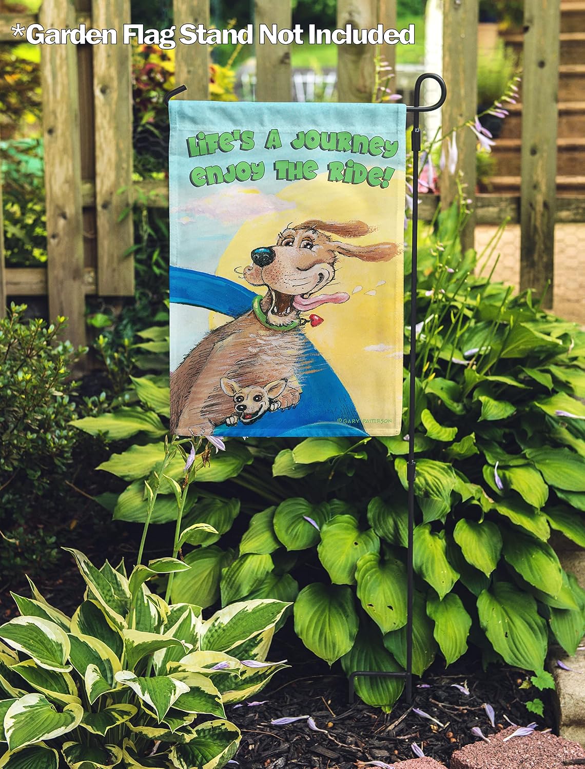 Flagology, Gary Patterson Enjoy The Ride – Garden Flag 12" x 18", Outdoor Flag, Exclusive Premium Fabric, Dog Humor