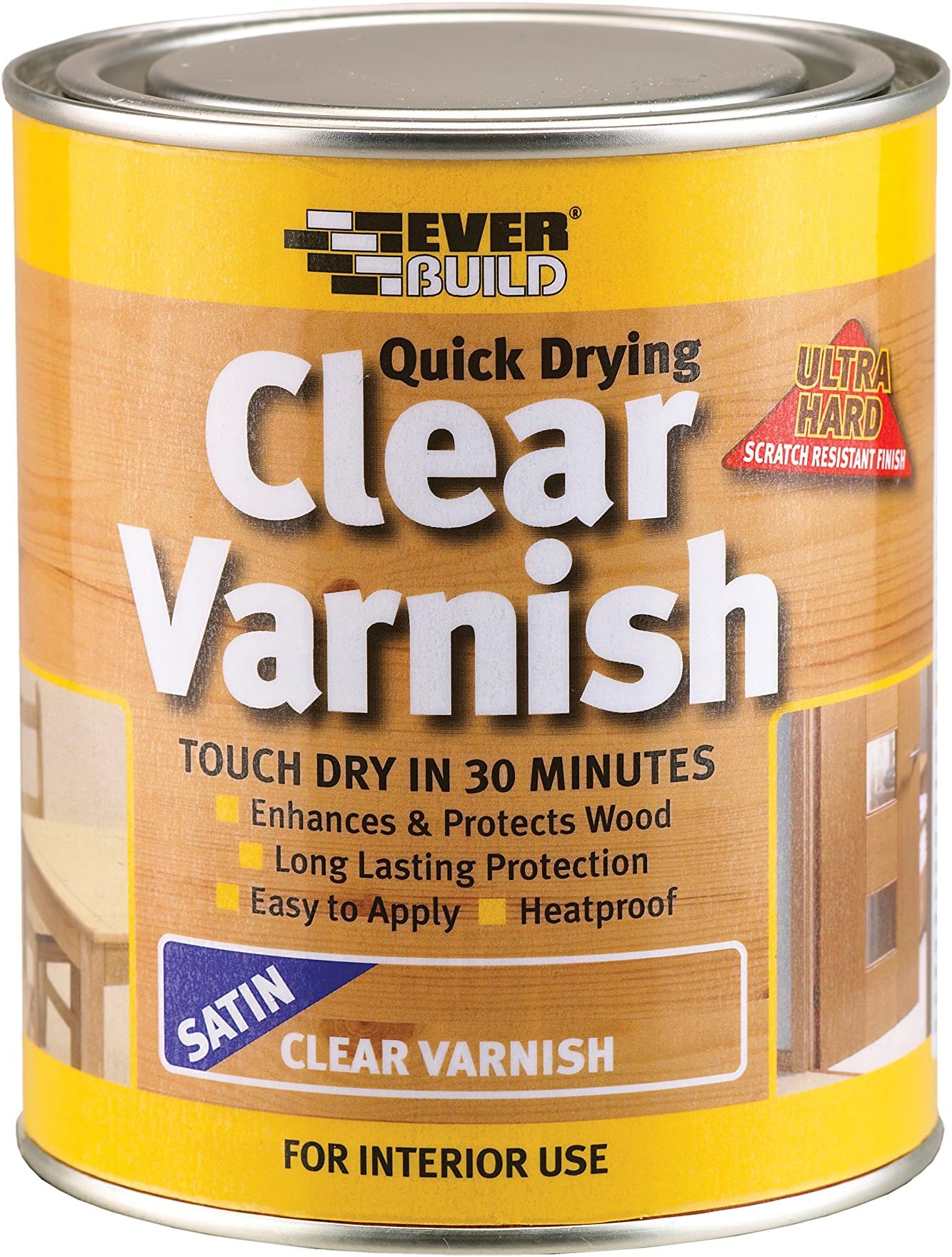Everbuild – Quick Drying Clear Varnish – Indoor Use – Ideal For Interior Wood – Scratch-Resistant – Satin Finish – 750ml