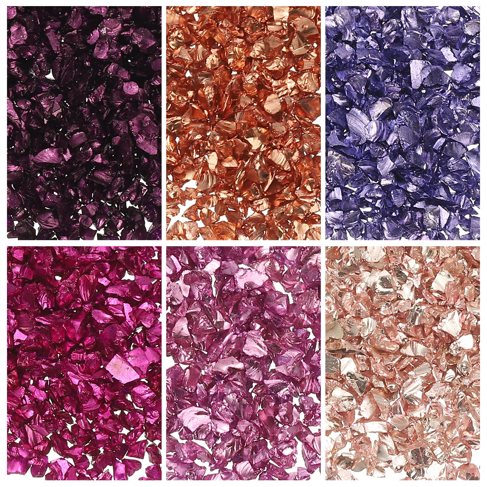 sourcing map 6 Colors Crushed Glass Chips, 1-3mm Irregular Glitter Metallic Glass Broken Glasses Pieces with Laser Bag for Craft DIY Vase Epoxy Halloween Decoration 33g, Pink Color Series