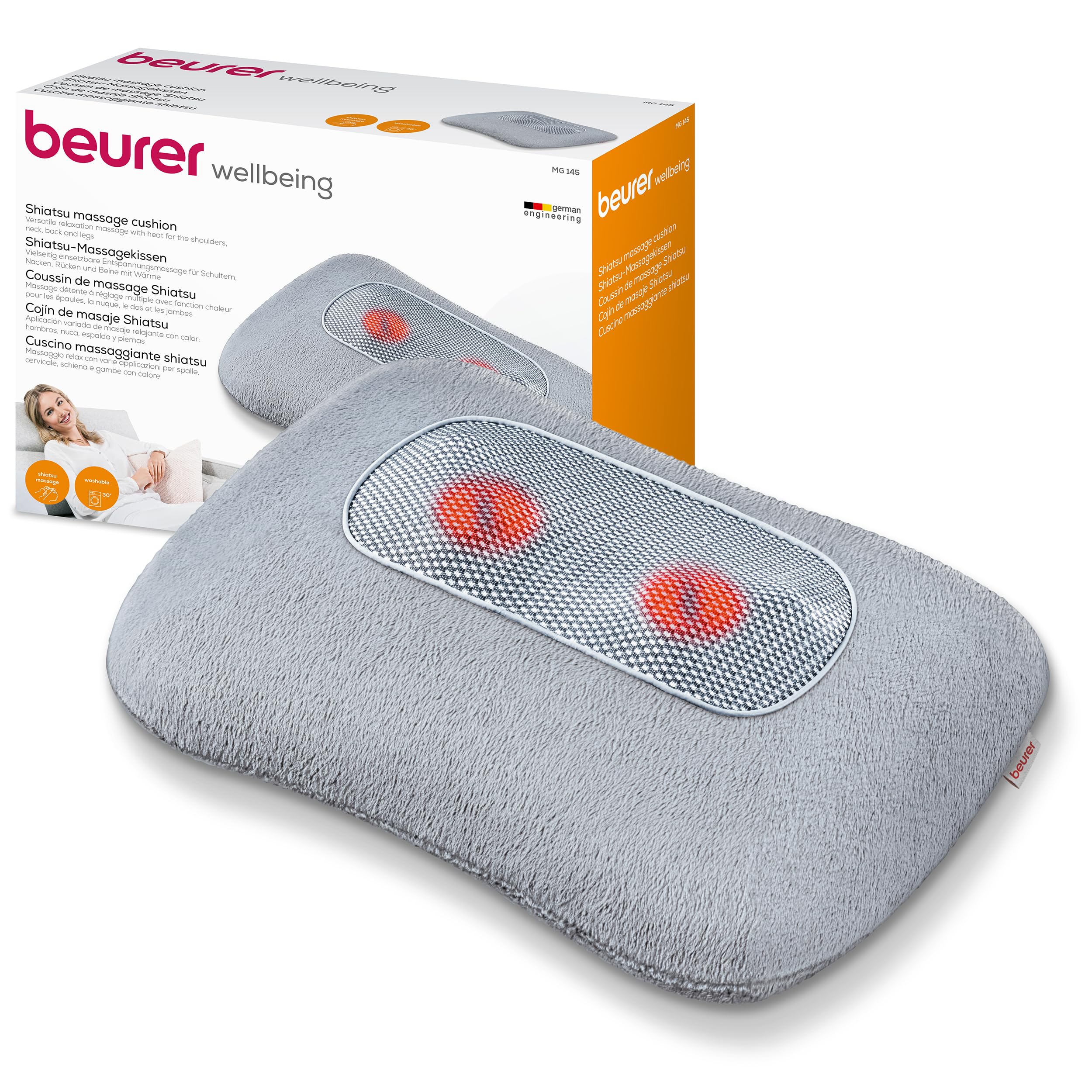 Beurer MG 145 Massage Pillow, Back and Neck Massager for Relaxing Shiatsu Massage, Warming Function, Washable Cover, 4 Massage Heads, Grey