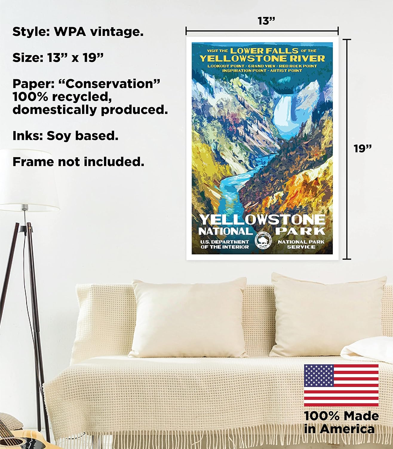 Yellowstone National Park Poster - Add Some Retro Flair To Your Home - Original Vintage Design by Rob Decker - 100% Recycled Material - Unframed - 13 x 19