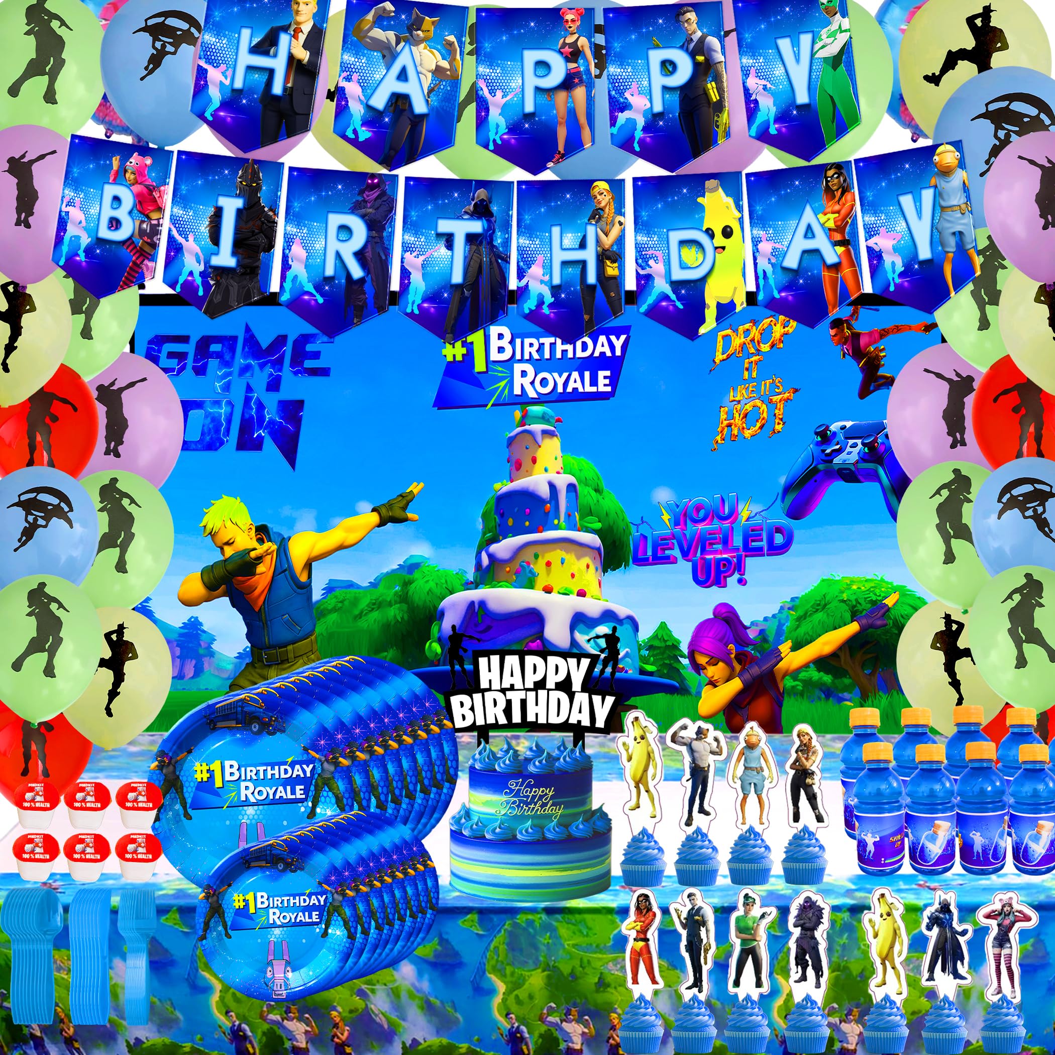 Cosmic Party 103 Pack Gaming Supplies Set - 50 Latex Balloons , Cupcake toppers, Bottle Stickers Label, Chips Stickers for Video Games & Birthday Banner Decoration