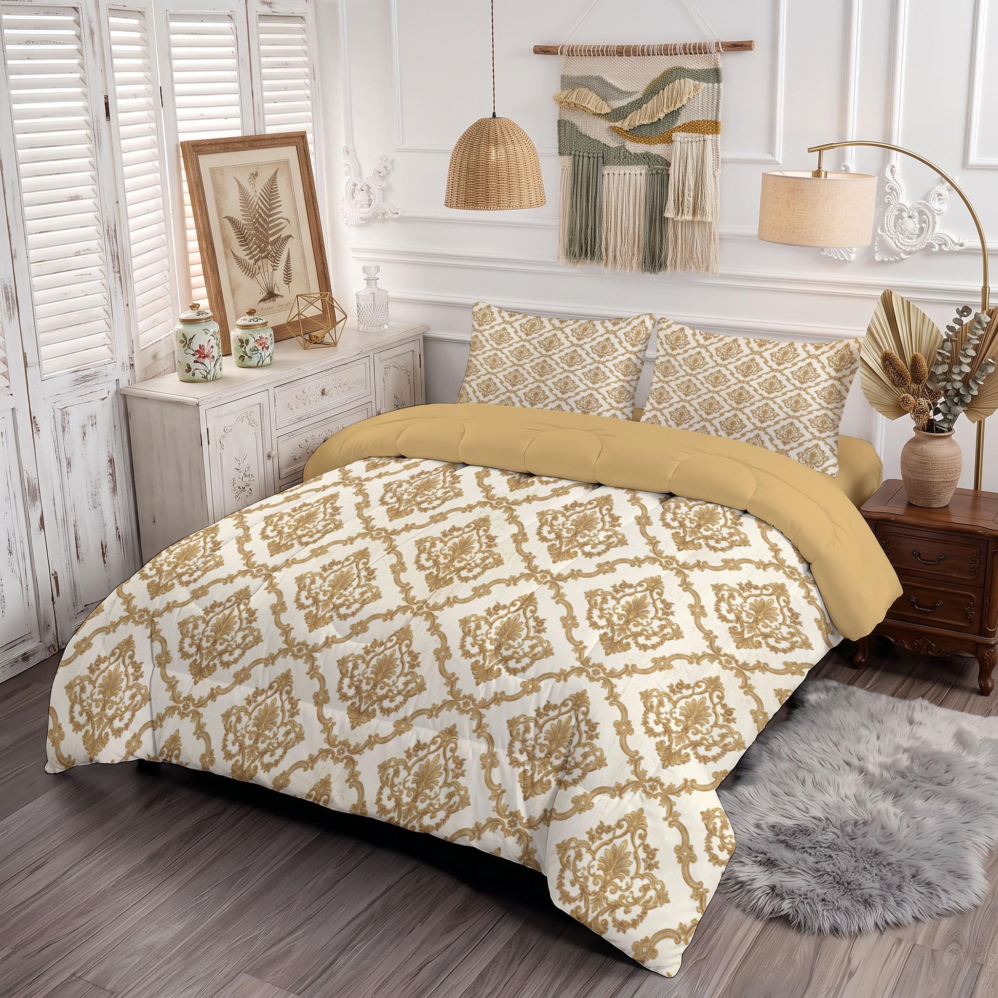 Copriletto Trapuntato Per Bambini Con Fiori Damascena Classici | Trapunta Singolo Invernale, Oro, Piumone Caldo Morbido Geometria Barocca Di Lusso Per Decorazione Camera Da Letto