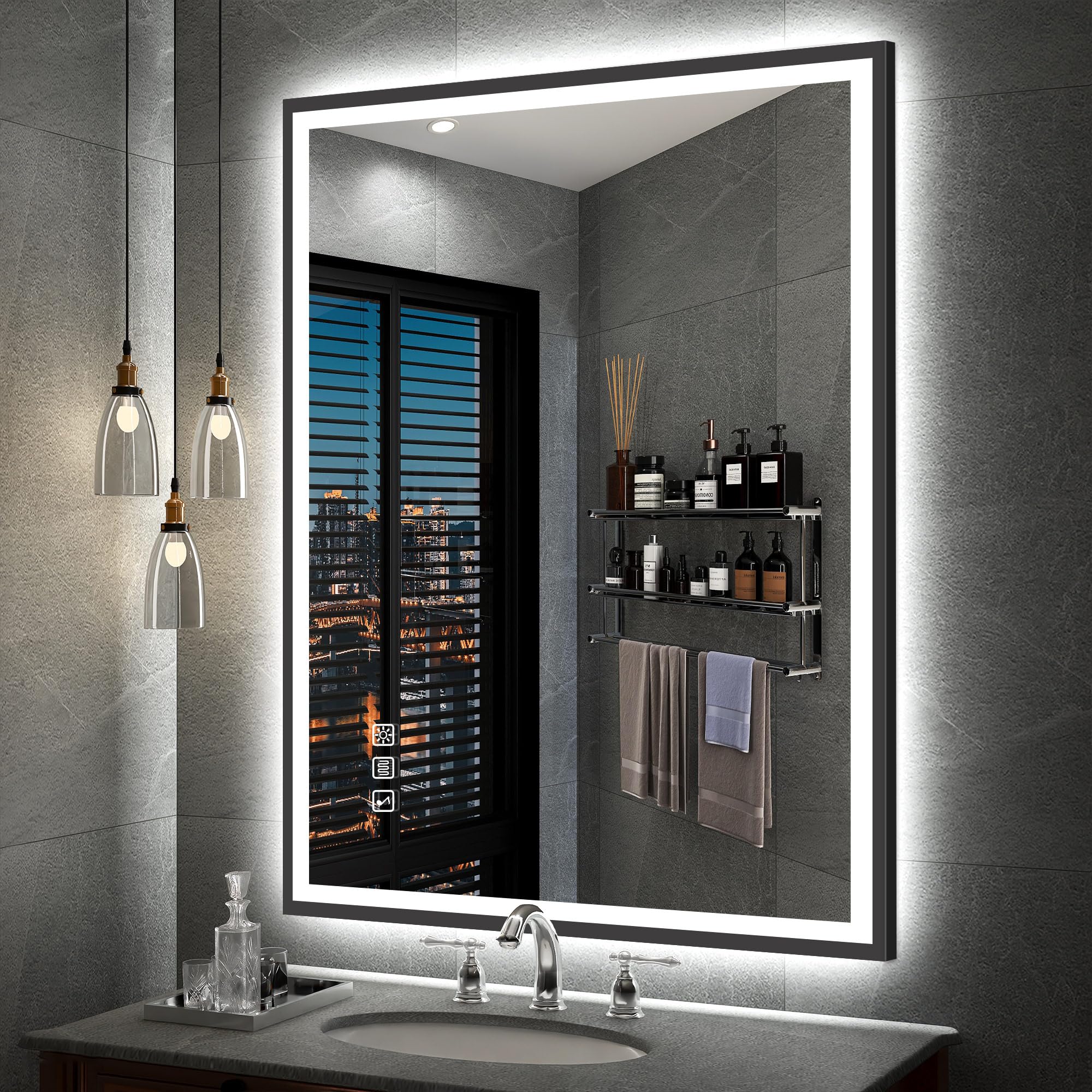 S'bagno 60x80cm Espejo-Baño-con-Luz, Espejos de Baño con Led Marco de Aluminio Negro, IP44 Bluetooth Espejo Baño Led con Función Antivaho/ 3 Colores de Luz/Regulable/Memoria, Horizontal o Vertical