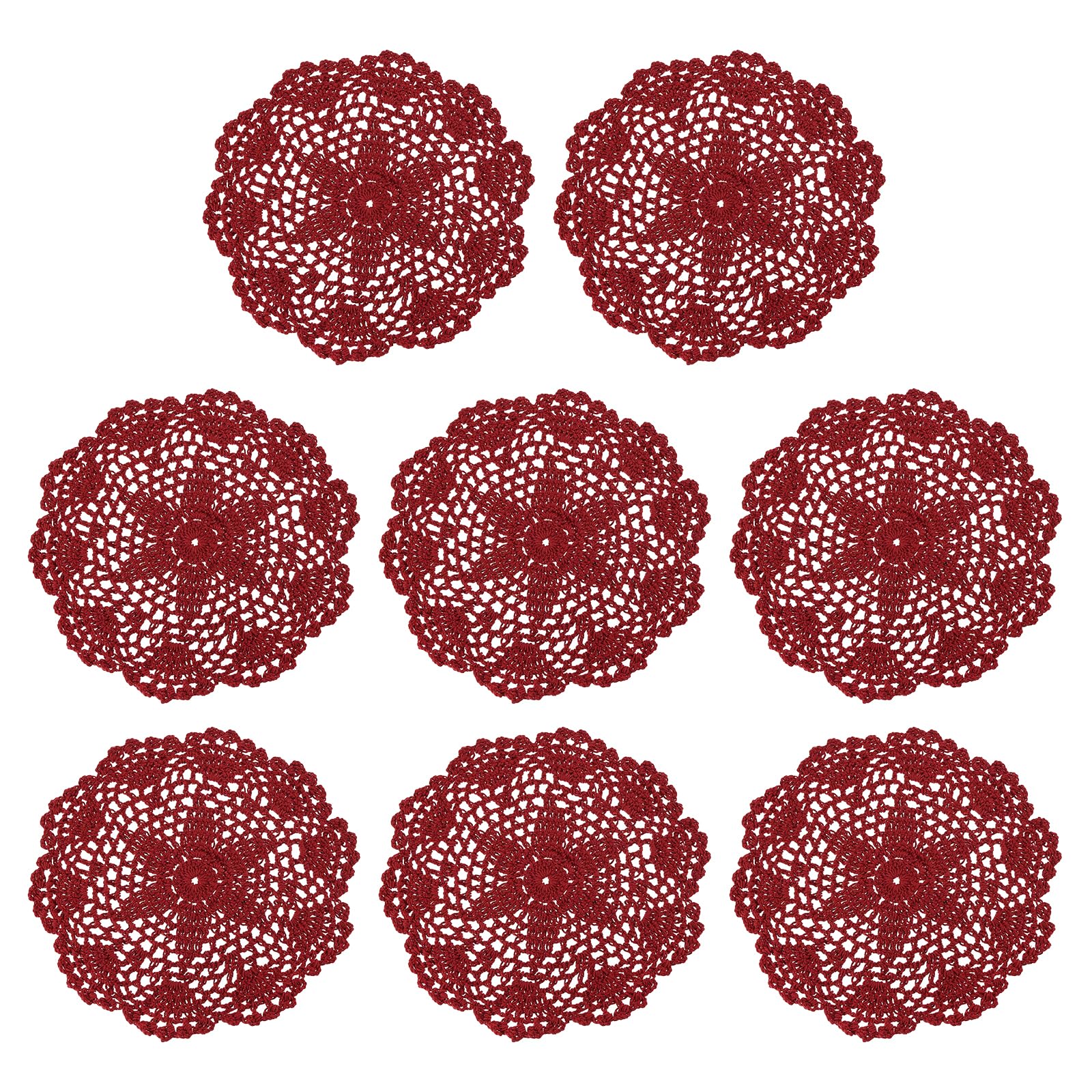 uxcell Crochet Doilies, 8Pcs 8" - Handmade Crochet Cotton Coaster, Round Lace Placemats with Floral Patterns for Wedding Party Decoration (Claret)
