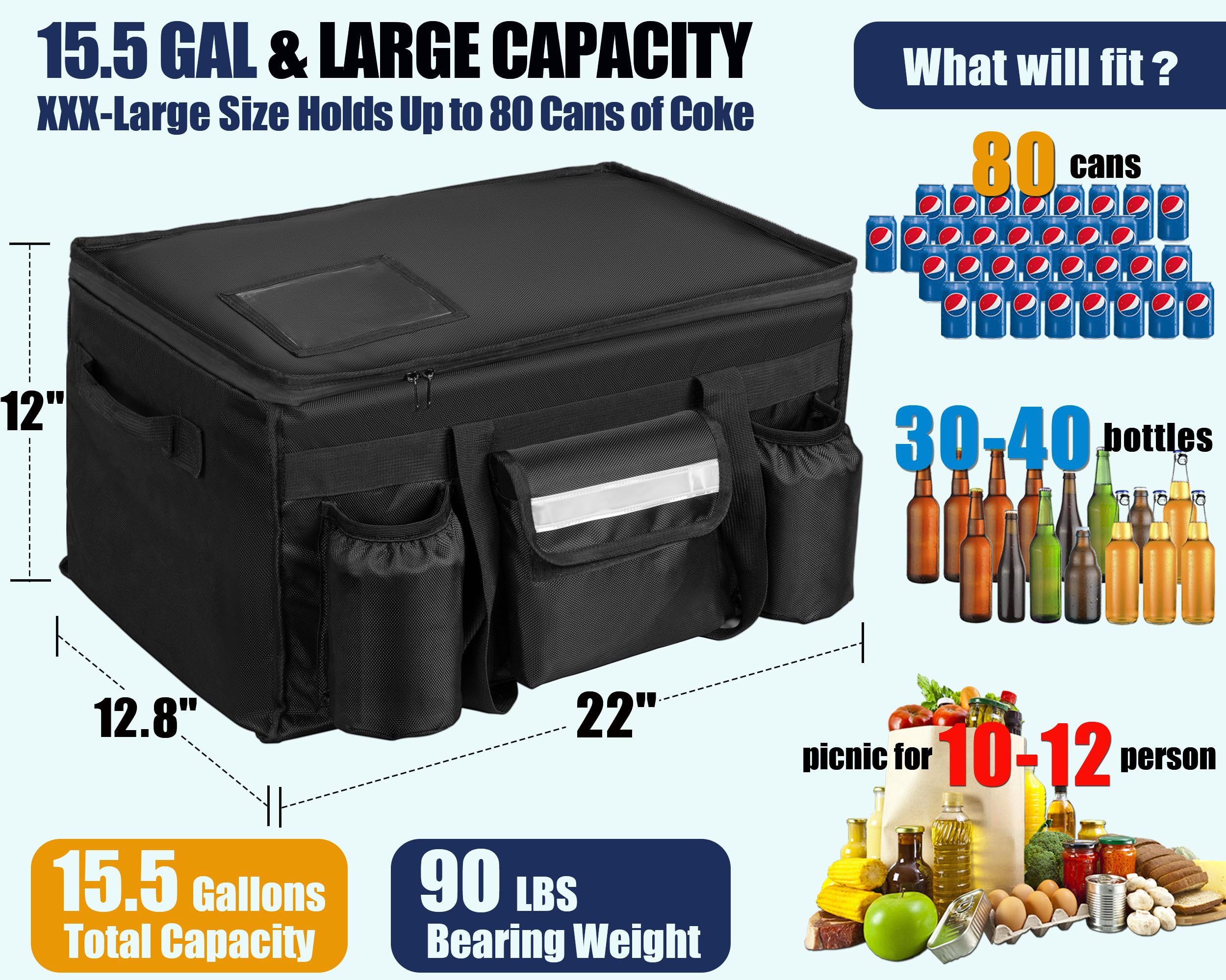 Bolsa térmica aislada para 80 latas para comida y pizza, adecuada para automóvil, bicicleta, campamento, picnic, playa, tamaño XXXL 2