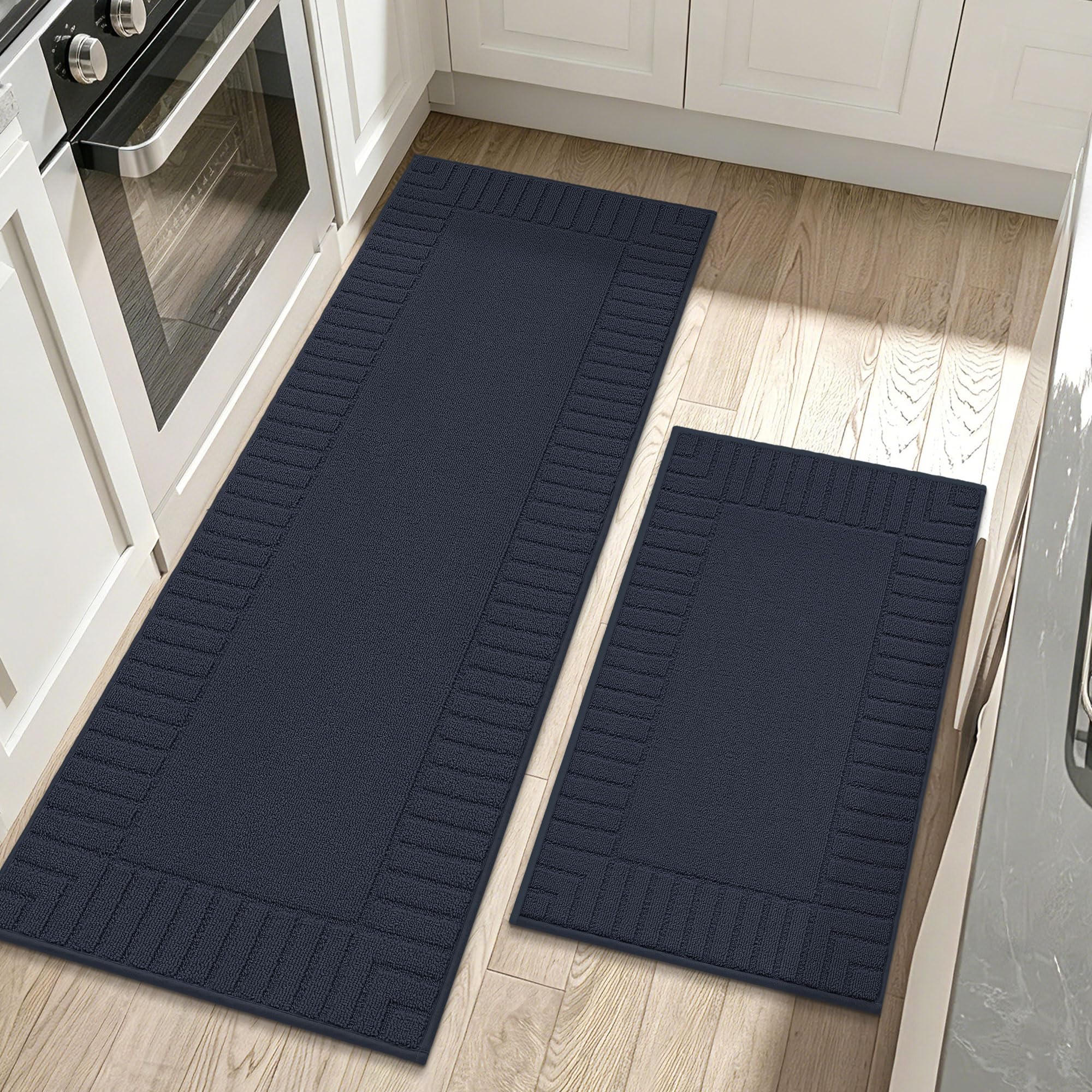 BEQHAUSE Kitchen Rugs Washable Kitchen Mats Floor Non-Slip Kitchen Mats Absorbent Kitchen Runner with TPR Non Skid Backing,Set of 2(60X89cm+60X152cm,Blue)