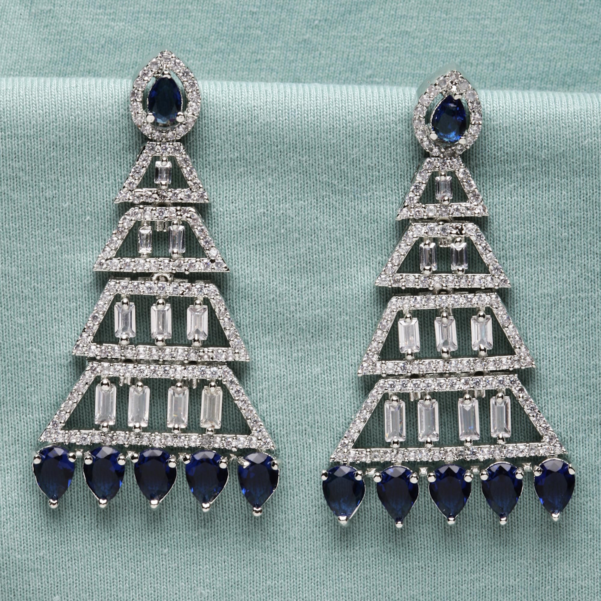 Rhodium-Plated American Diamond Triangular Drop Earrings
