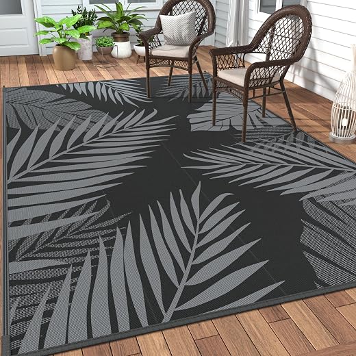 GENIMO Outdoor Rug, Waterproof Plastic Rugs for Patio, 5'x8' Black Grey