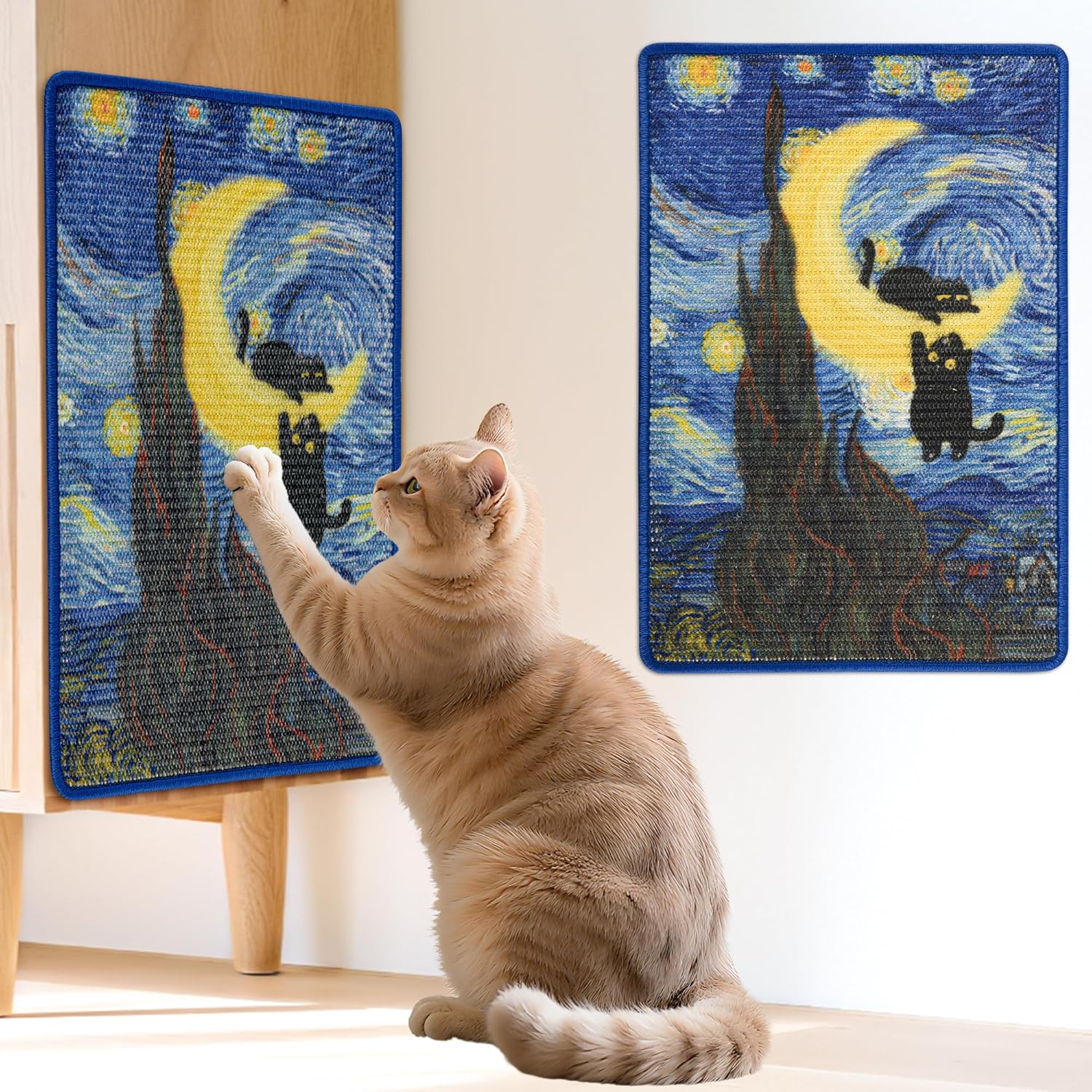 Sisal Cat Scratcher Mat, Cat Wall Scratcher for Indoor Cats, 23.6x15.7 Inch Cat Scratch Pad with Hook & Loop, Wall Mounted Cat Scratching Post to Protect Couch and Carpet（Starry Night 2）