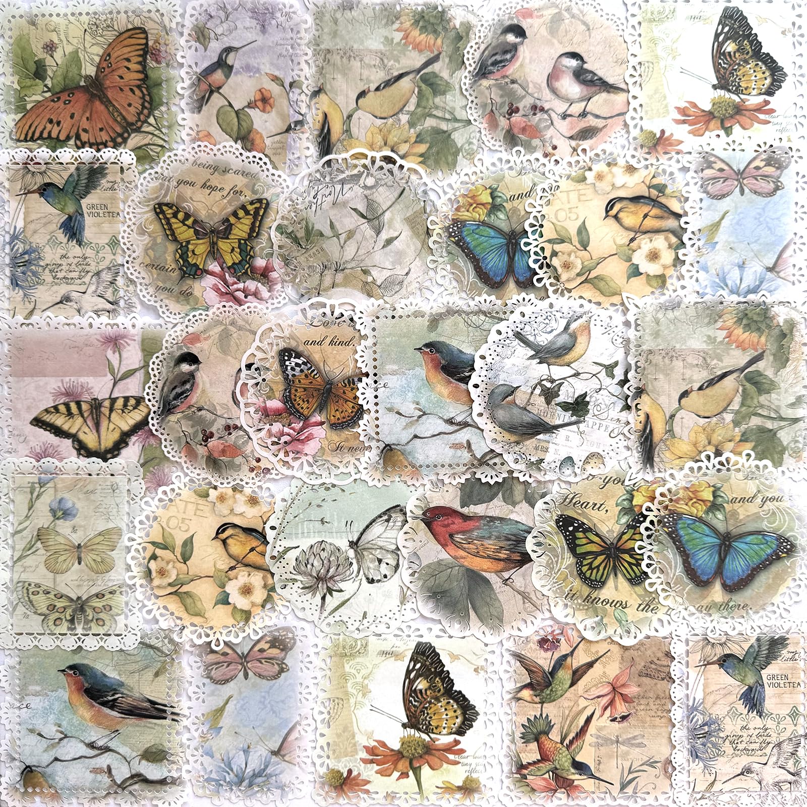 40PCS Vintage Round Square Lace Border Paper Butterfly Bird Retro Scrapbook Material Lace Floral Poster Decoupage Decorative Craft Paper Junk Journal