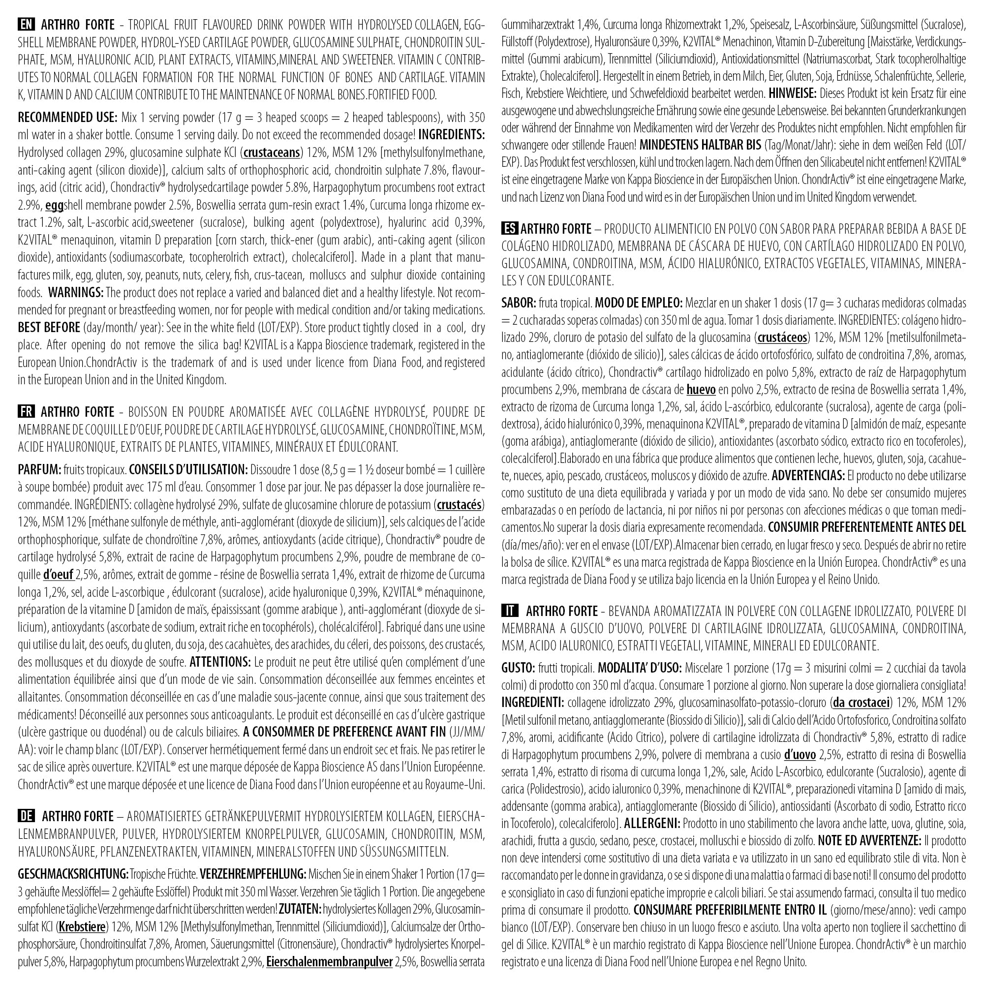 BioTechUSA Arthro Forte, avec de la glucosamine, d’extraits de plantes, avec des vitamines D et K et du calcium pour les os, et de la vitamine C pour les cartilages, 340g, Fruits tropicaux