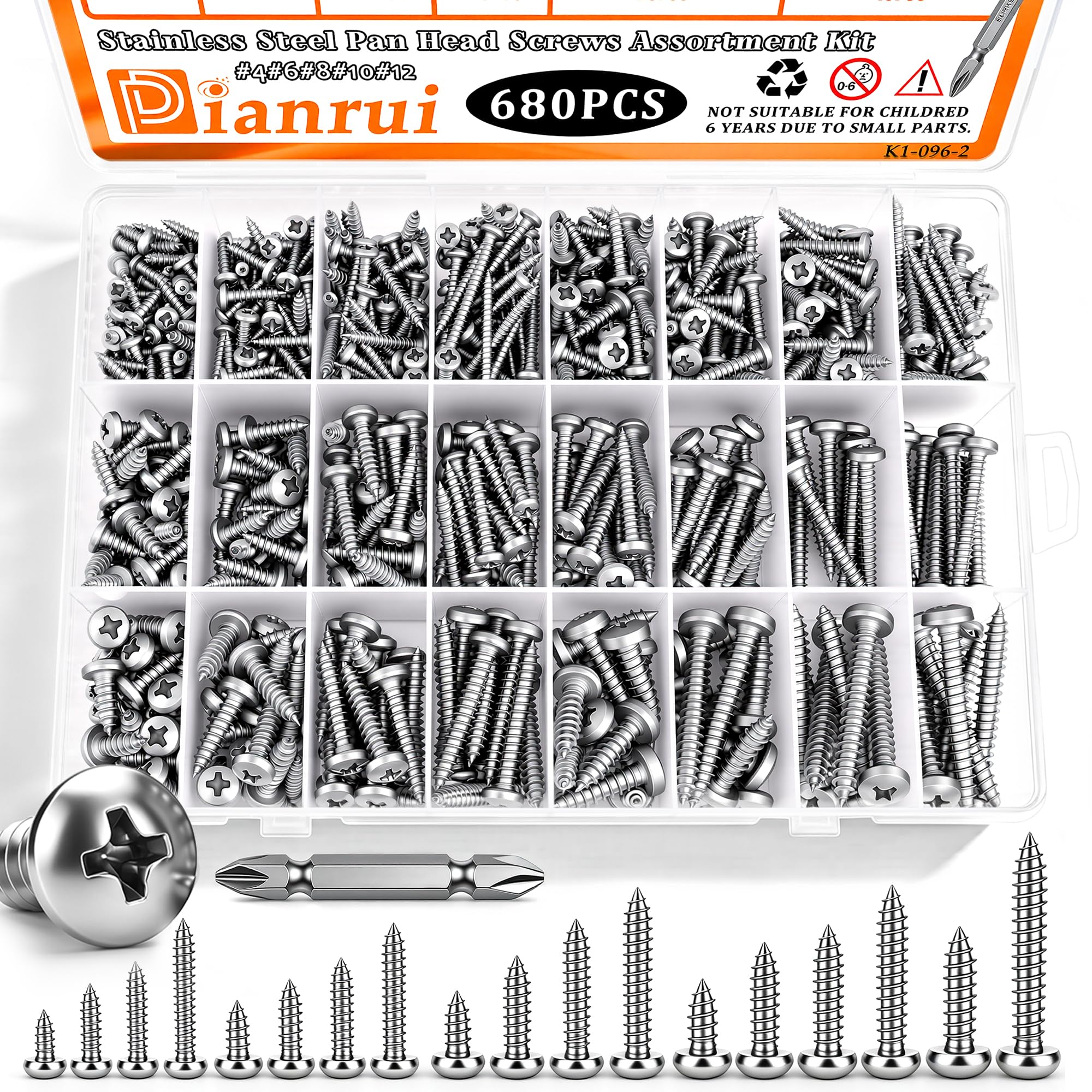 Dianrui Lot de 680 vis en acier inoxydable 304, #4#6#8#10#12, assortiment de vis à bois, vis à tôle assorties, tête cylindrique cruciforme, vis à tôle assorties, longueur de 0,9 cm à 2,5 à 1,3 cm