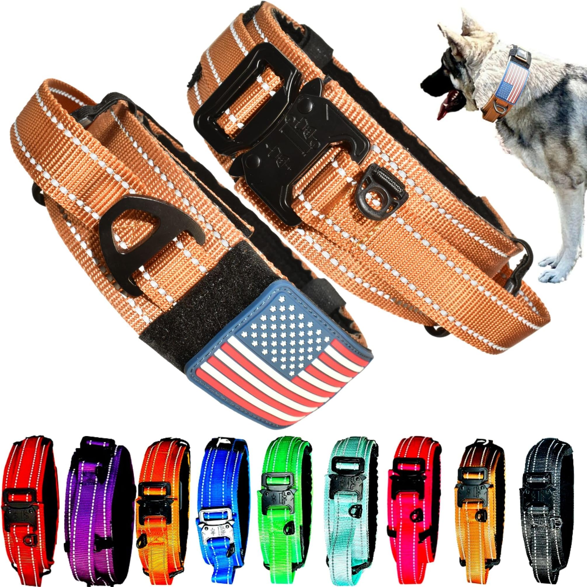 2-Inch Wide Tactical Dog Collar with Control Handle, Adjustable for Medium & Large Dogs, Military Style with Heavy-Duty Metal Buckle, USA Flag Patch & Customizable Name Plate, Training & Everyday Use