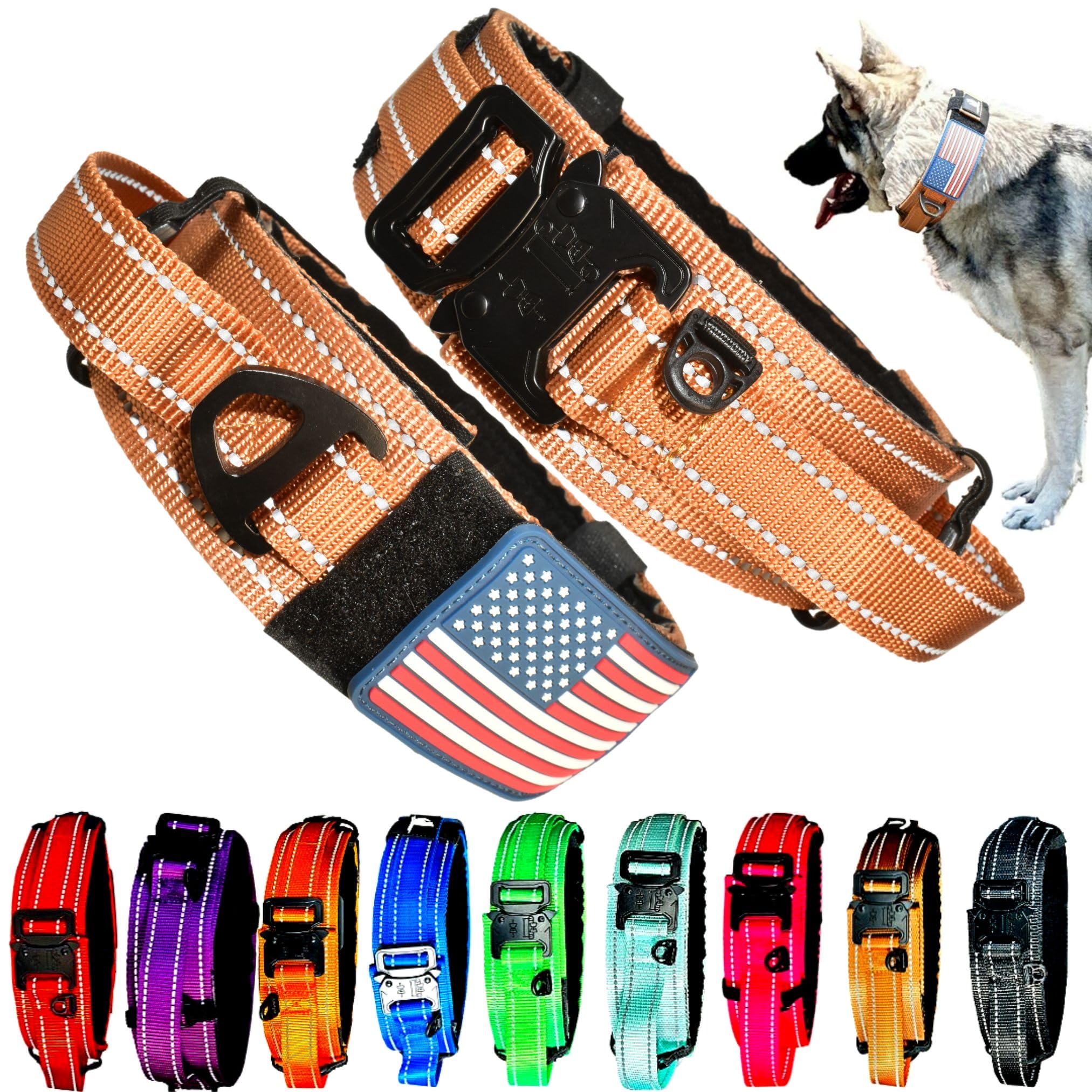2-Inch Wide Tactical Dog Collar with Control Handle, Adjustable for Medium & Large Dogs, Military Style with Heavy-Duty Metal Buckle, USA Flag Patch & Customizable Name Plate, Training & Everyday Use