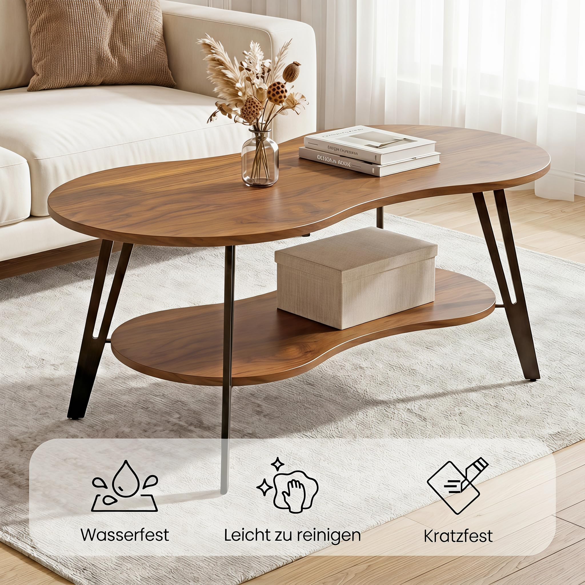 Manora Ovaler Couchtisch Braun mit Ablagefach & Metallbeinen - Moderner Wohnzimmertisch Kaffeetisch Sofatisch Beistelltisch für Wohnzimmer Schlafzimmer Büro (Braun+Schwarz, zweistöckig)