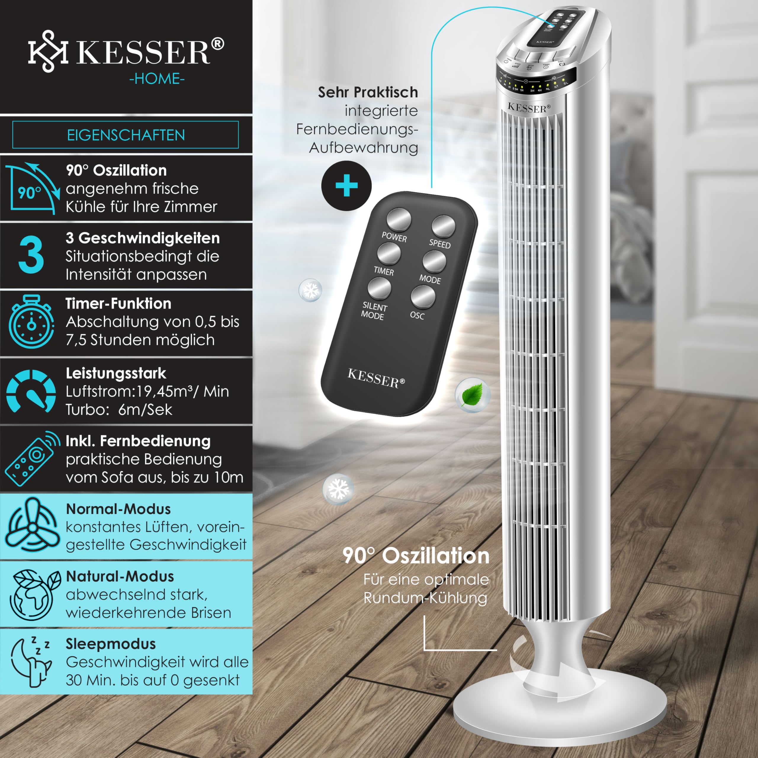 CREATE/Cool Silence DC Torenventilator, Zonder Vleugels, 9 Snelheden Oscillatie 90 Programmeerbaar Timer Met Afstandsbediening Laag Stroomverbruik Licht Anguardistisch Design 2567011277