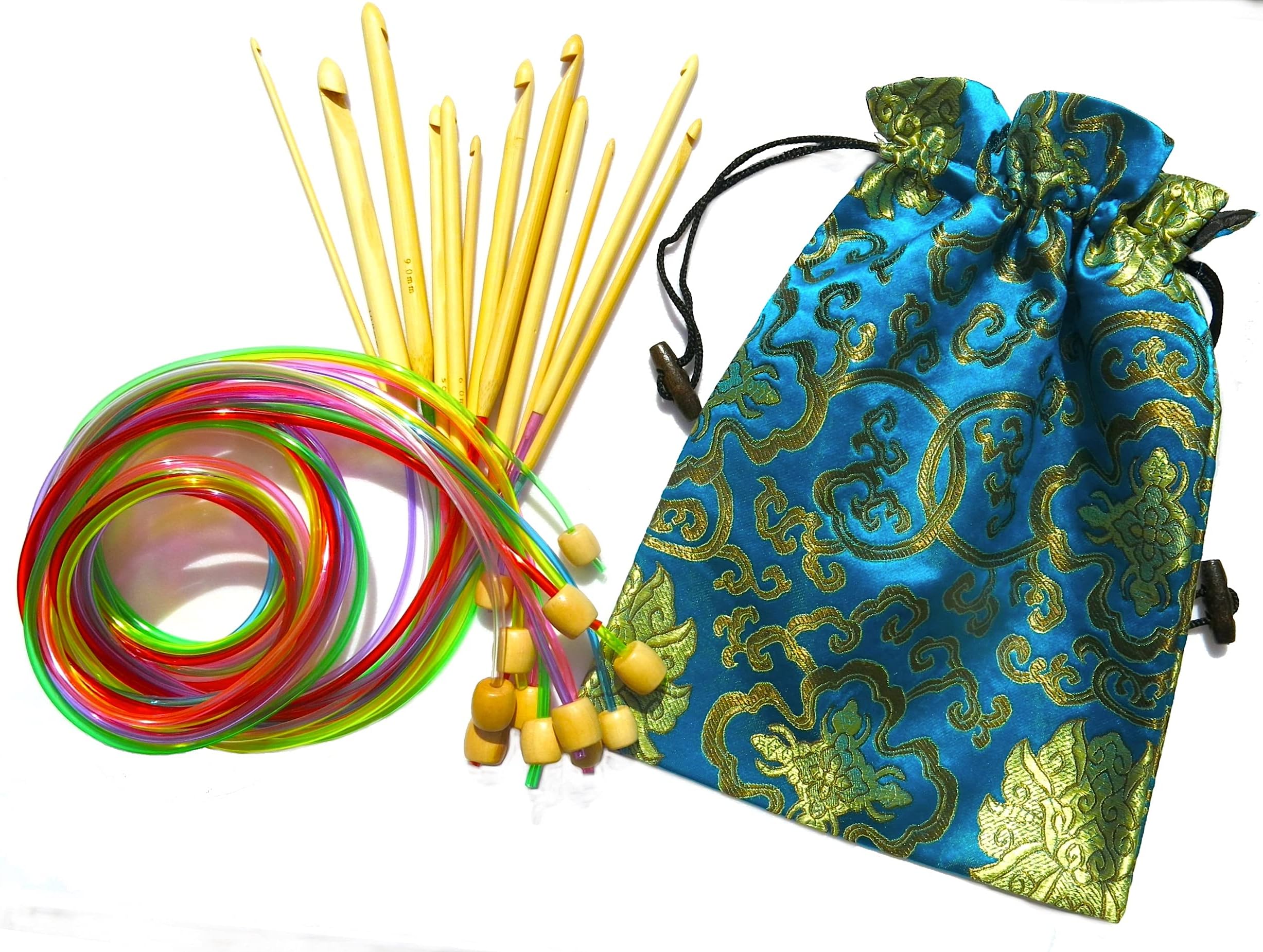 Set of 12 Afghan Tunisian 3mm - 10mm Flexible Multicolour Bamboo Crochet Hooks 120cm (47'') in Silk Drawstring Bag