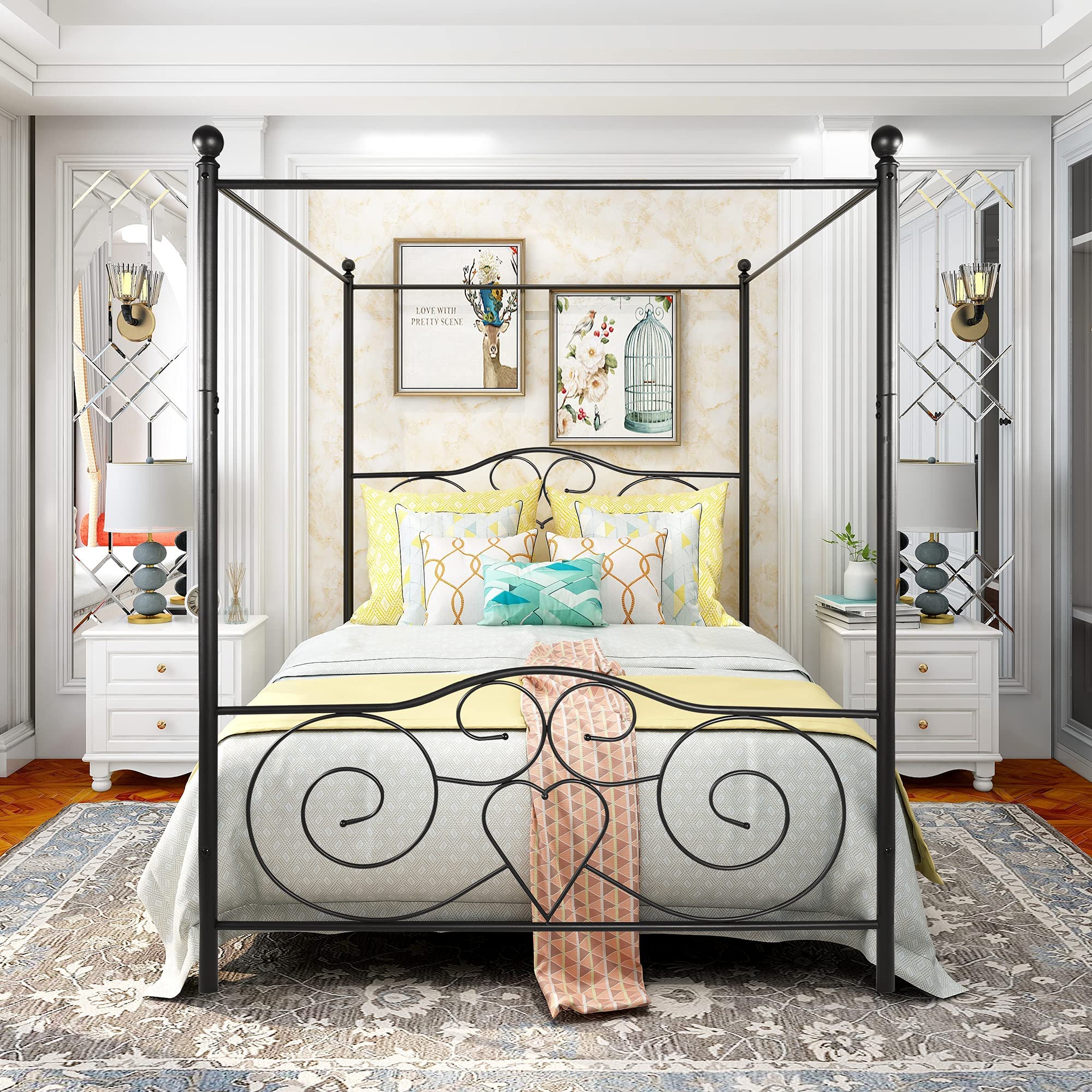 HAHRIR 5ft King Canopy Bed Frame Platform, 150x200cm Kingsize Bed Frame with Vintage Headboard and Footboard, Heavy Duty Steel Slats and Support with Mattress Foundation,Black โ image 1
