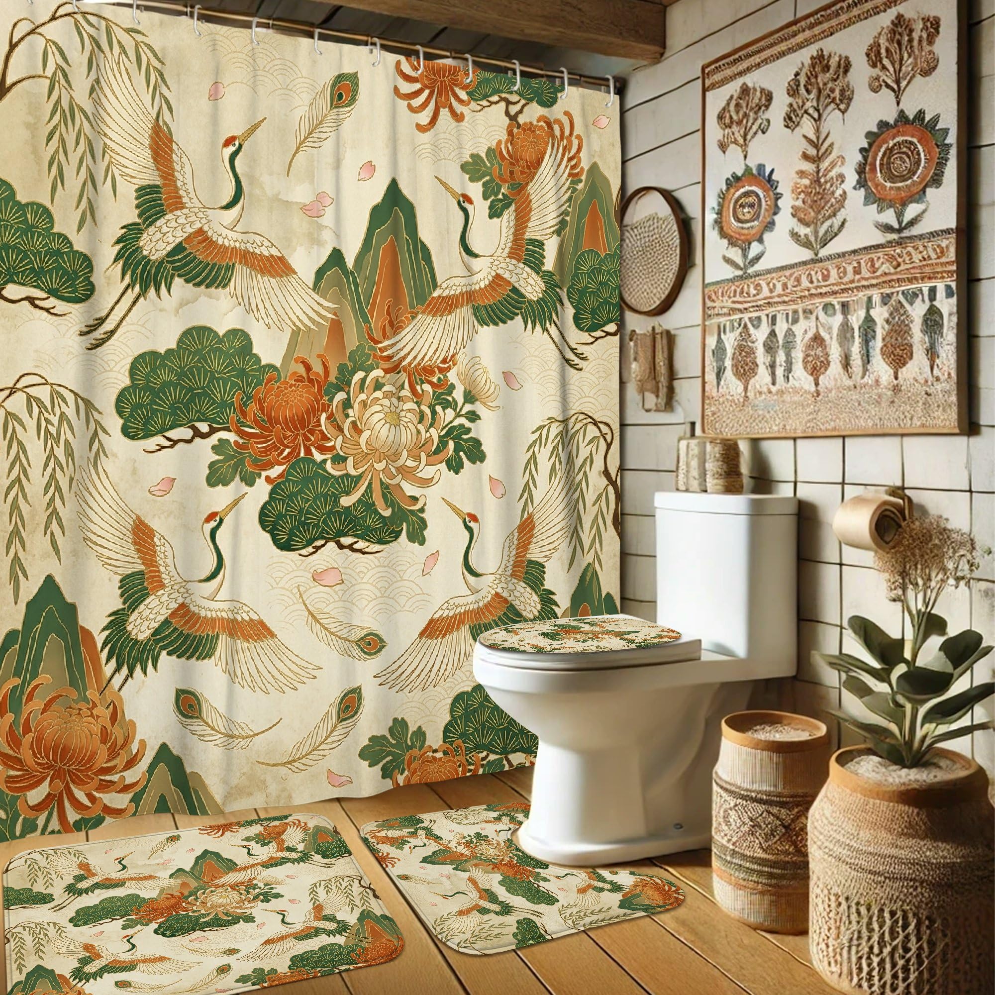 Rideau de douche anti-moisissure tissu imperméable motif montagne 183 cm vert