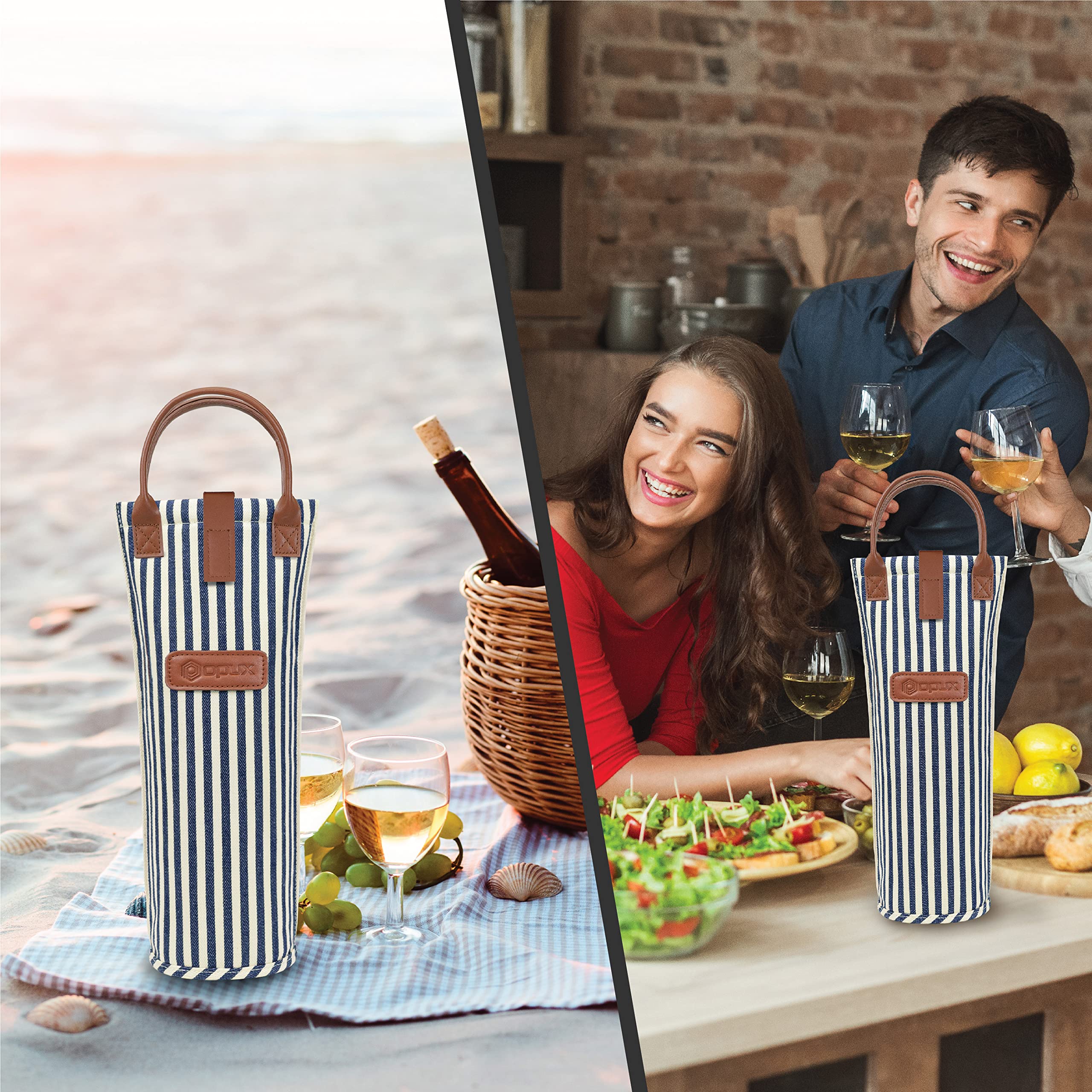 OPUX Bolsa de vino para una sola botella, bolsa térmica de viaje para picnic, playa, regalo, térmica, acolchada, portátil, para mujeres, hombres, amantes del vino, rayas blancas y azul marino