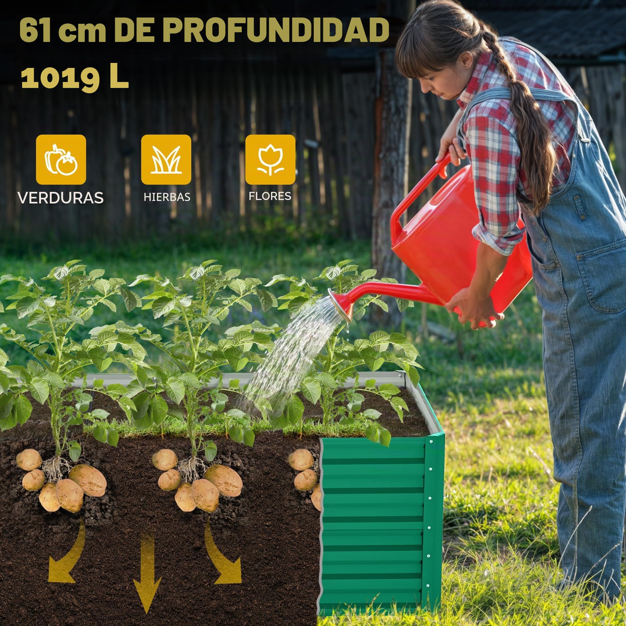 DWVO Bancal de Metal 180 x 90 x 60 cm con Guantes, bancal Alto de Acero Inoxidable y Resistente a la Intemperie, Estable galvanizado con Goma de Seguridad para Verduras, Flores, Frutas, Verde
