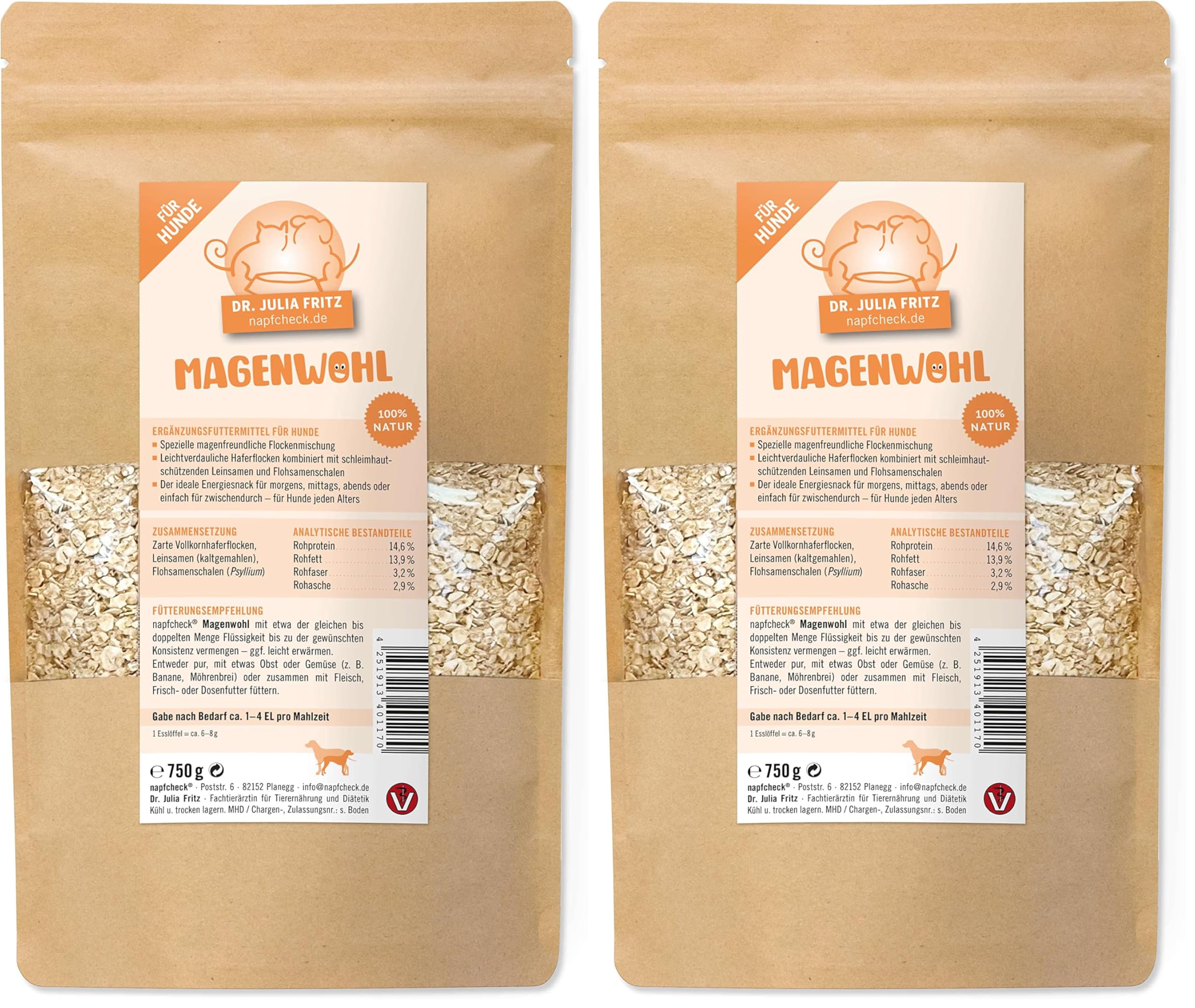 napfcheck Magenwohl – magenfreundliche Flockenmischung für Hunde - 750 g (Packung mit 2)