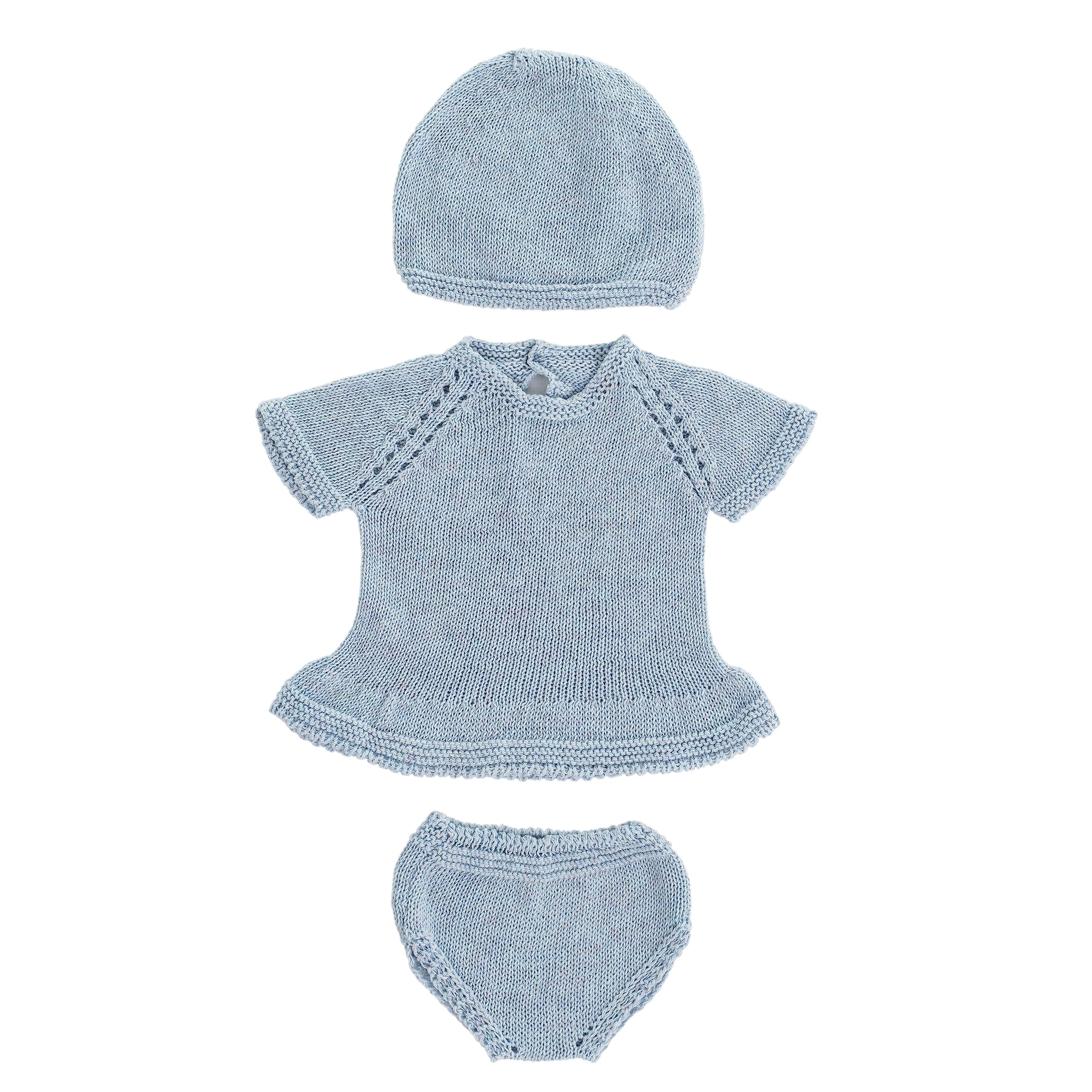 Miniland Blue Knitted Set for 40 cm doll. Dress, Briefs and Hat. Made in Spain with Recycled Textile. Miniland Dolls.