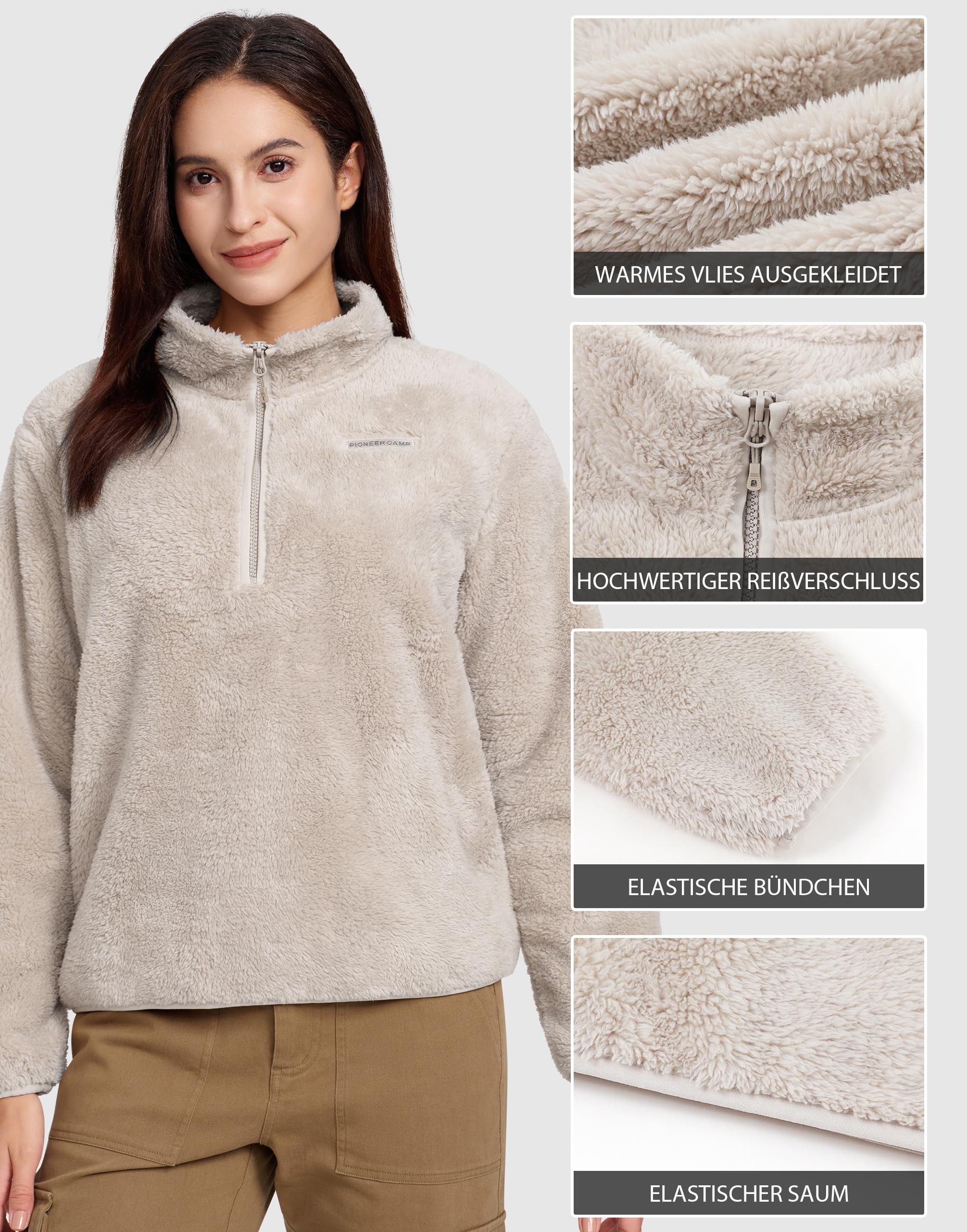 Pioneer Camp Fleece Pullover für Damen mit Stehkragen, Half-Zip Sweatshirt Langarm aus Baumwolle, Weicher Sport Pullover ohne Kapuze, Übergangsjacke Herbst Winter
